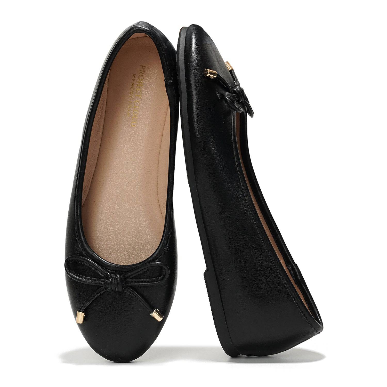 Project Cloud black vegan leather ballet flats with bow detail, ProjectPlush insole, designed for all-day comfort and style.