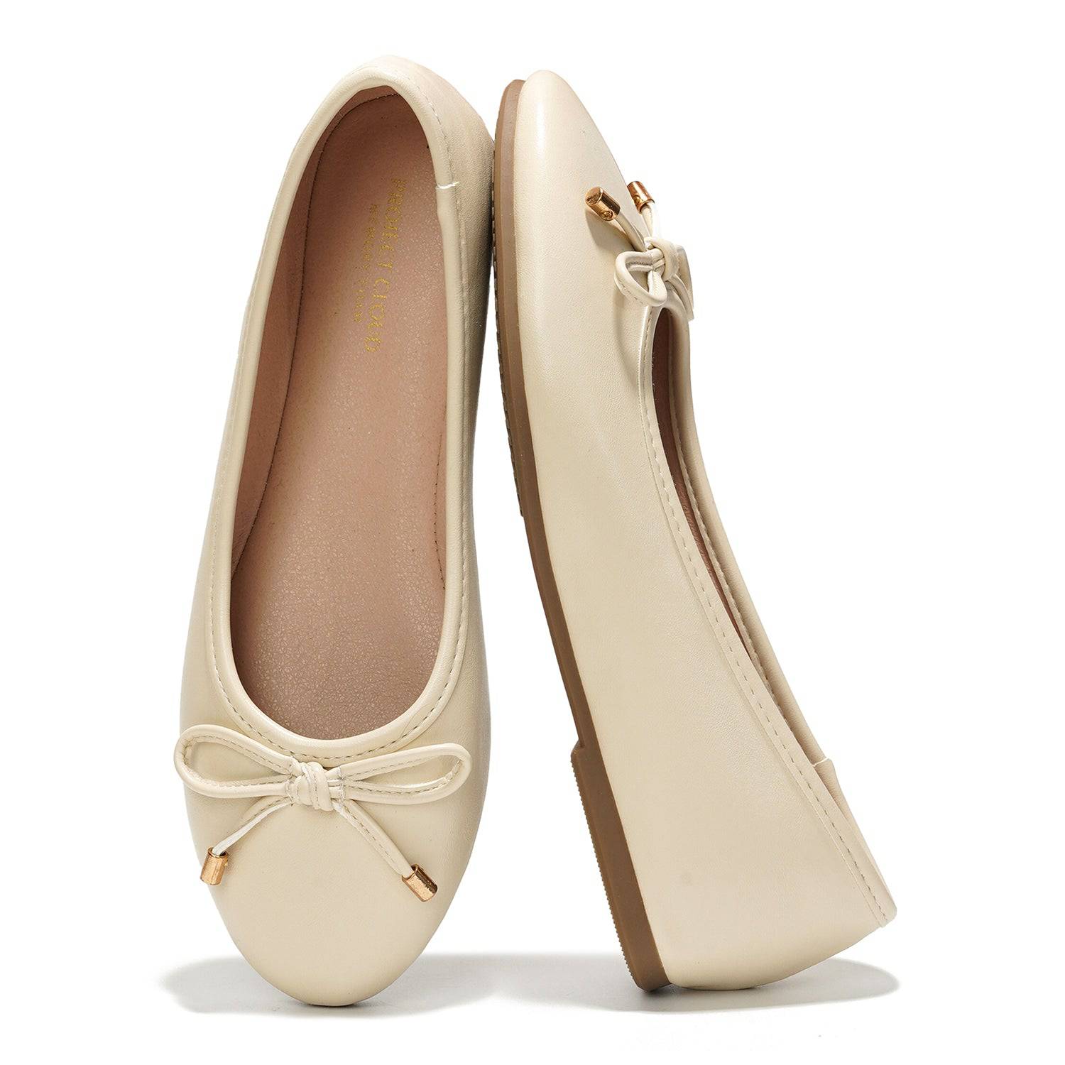 Project Cloud cream vegan leather ballet flats with bow detail. Stylish & comfortable flats.