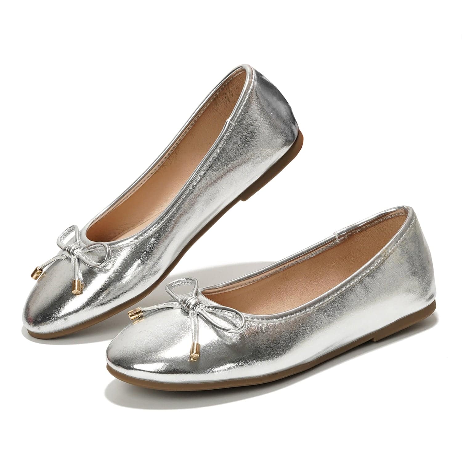 Silver Project Cloud ballet flats with bow detail and gold accents, designed for all-day comfort and style.