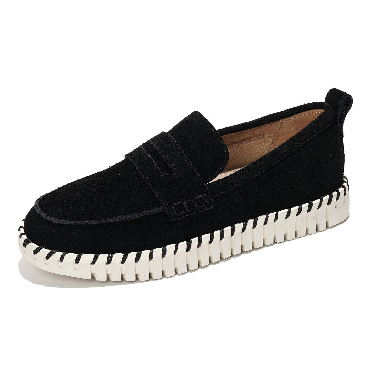 Project Cloud Black Leather Loafers for Women with Memory Foam Insole and Non-Slip Sole