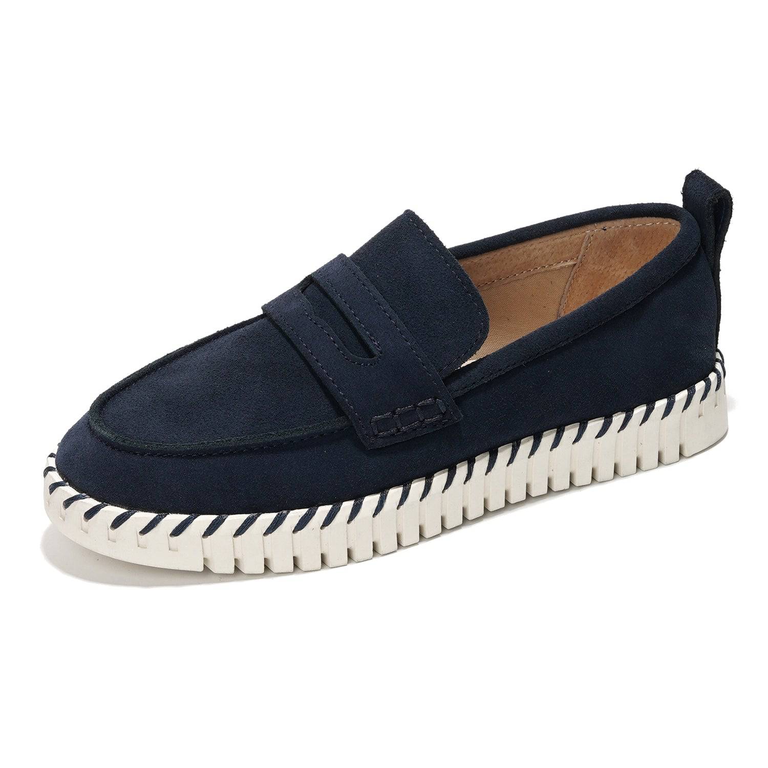 Navy suede Filide loafers for women with memory foam insole and non-slip sole, comfortable leather shoes