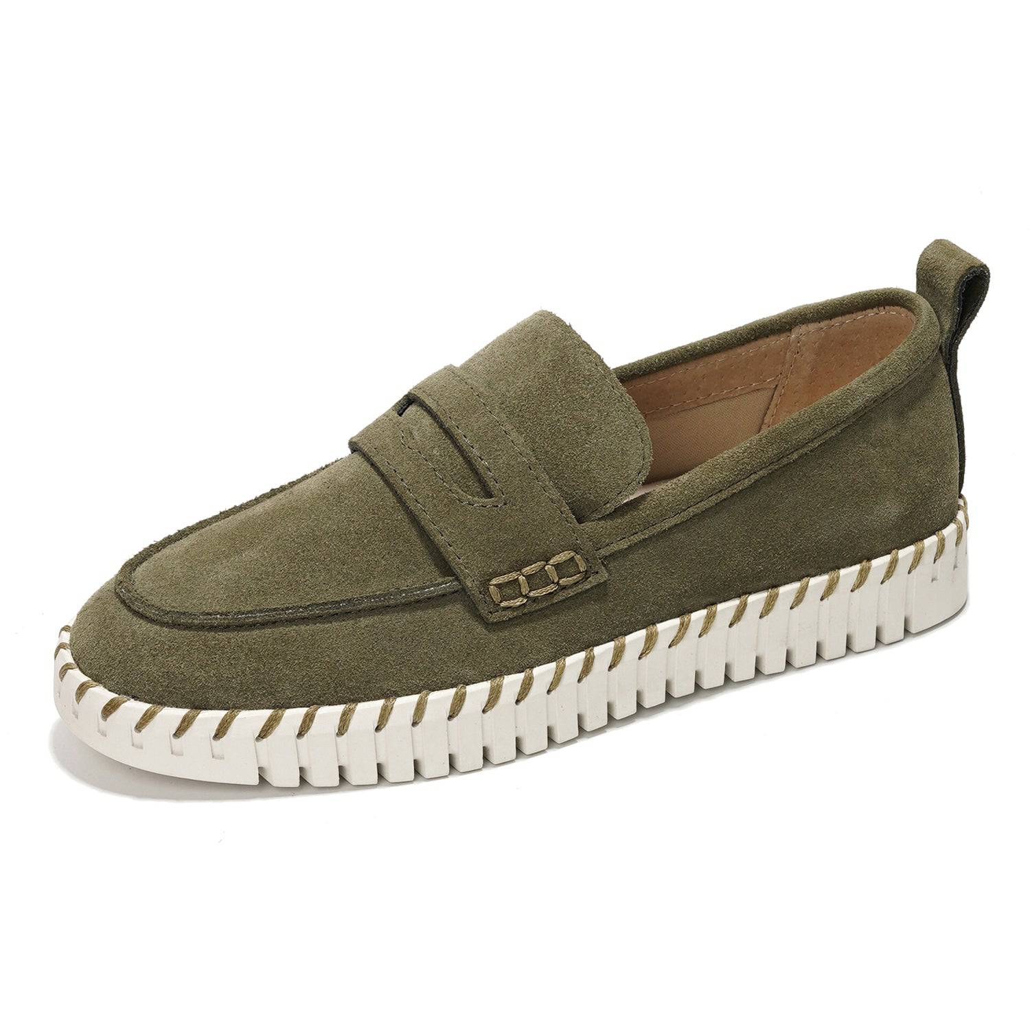 Project Cloud green suede Filide loafers for women with memory foam insole and non-slip sole