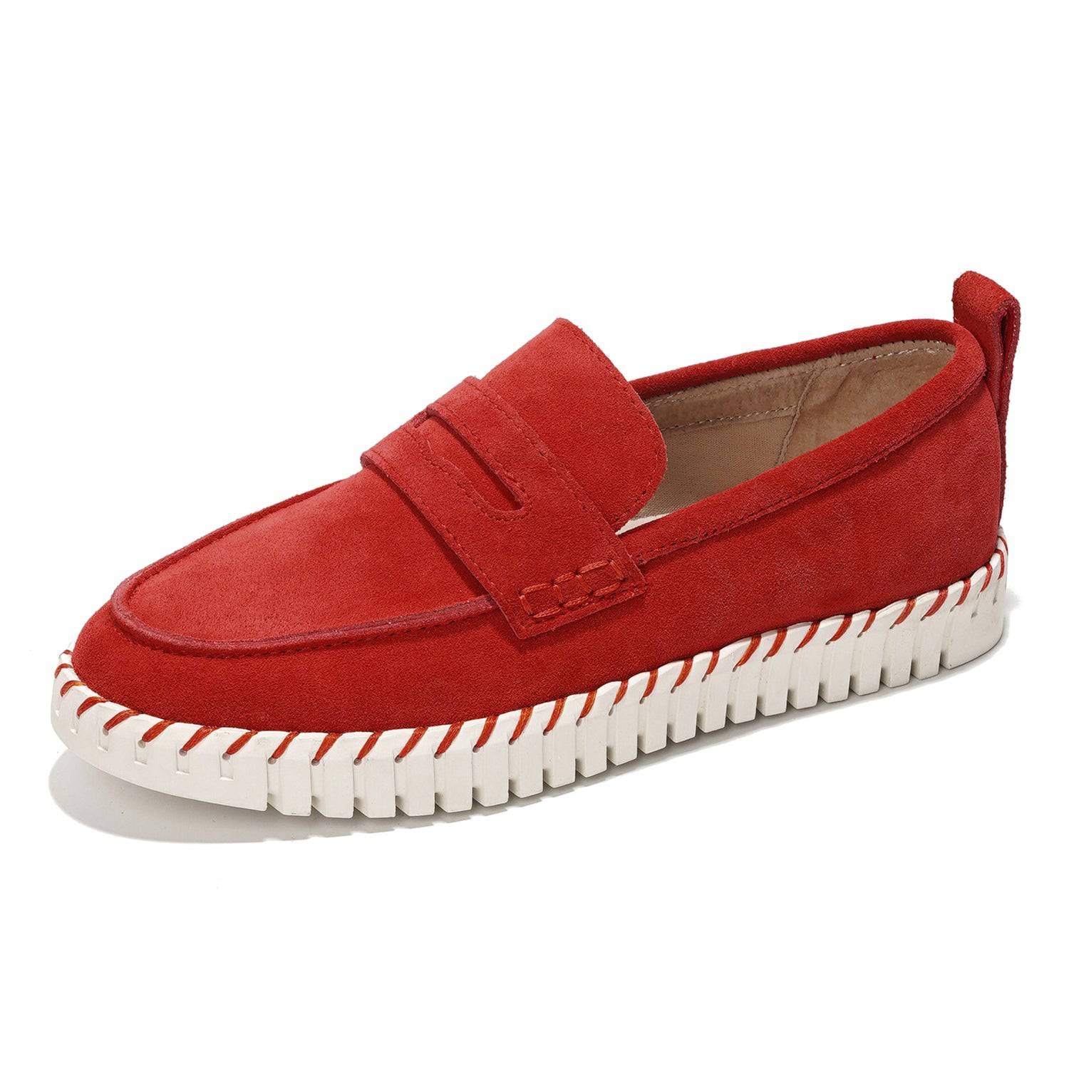 Red Filide Leather Loafers for Women. Featuring memory foam insole and non-slip sole for all-day comfort.