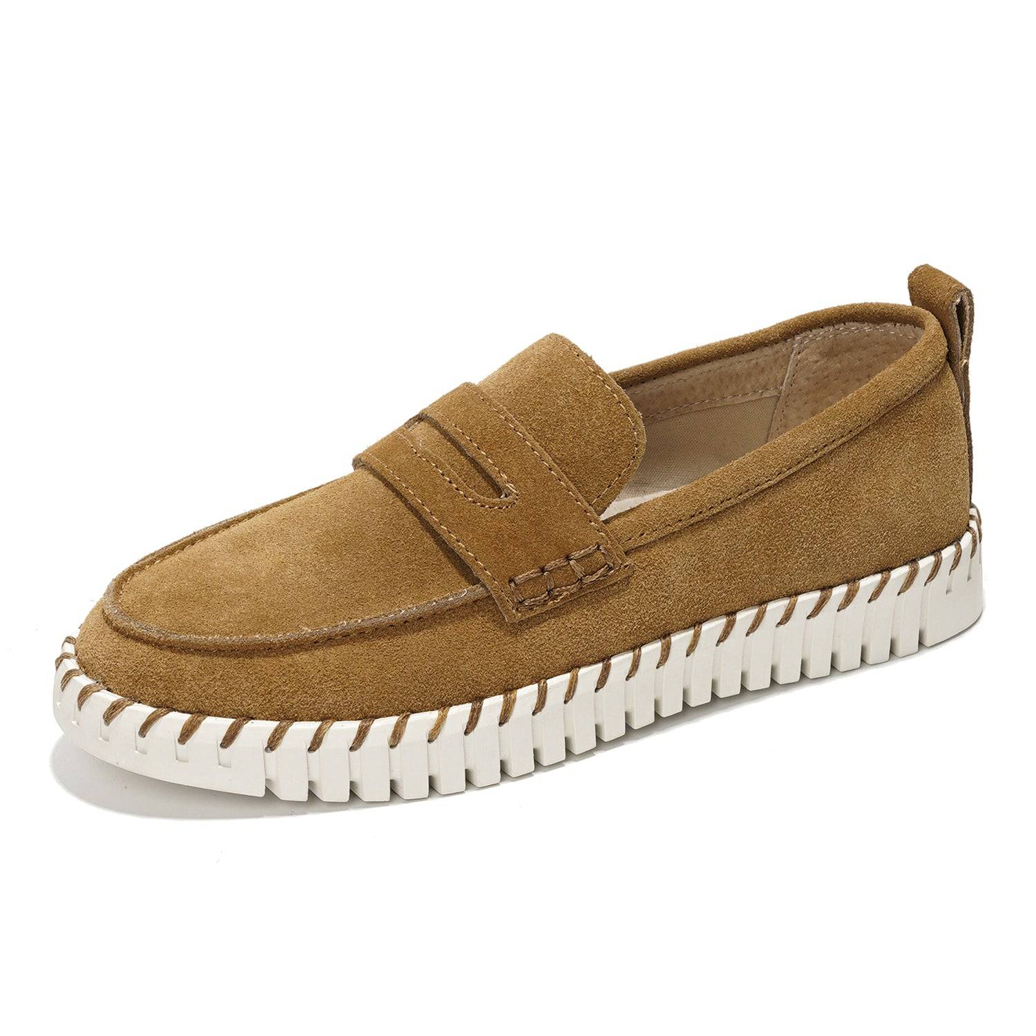 Brown suede Filide loafers for women with memory foam insole and non-slip sole.