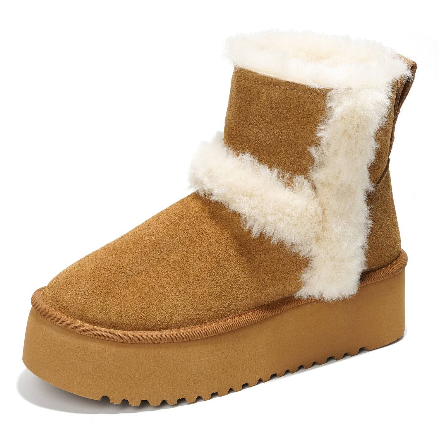 Project Cloud Furby Suede Boots in Tan with plush fur lining and slip-resistant sole, perfect for winter style and comfort.