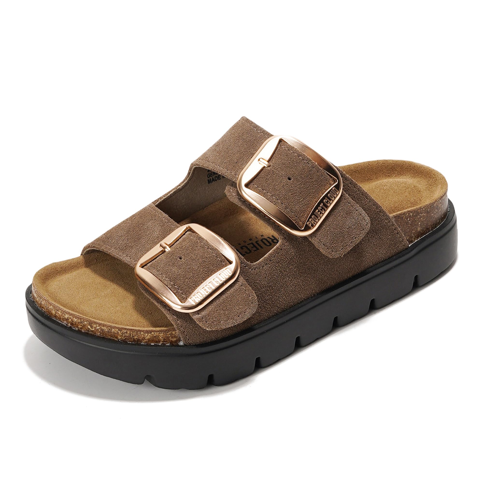 Project Cloud Greece Chunky platform sandals in brown suede with gold buckles