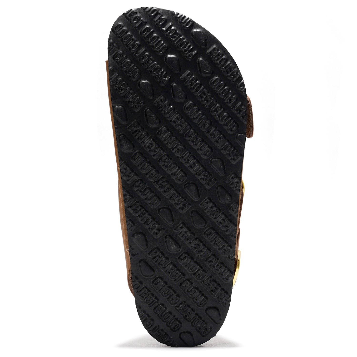Project Cloud Garda brown leather sandal sole with anti-slip EVA sole, featuring Project Cloud logo.