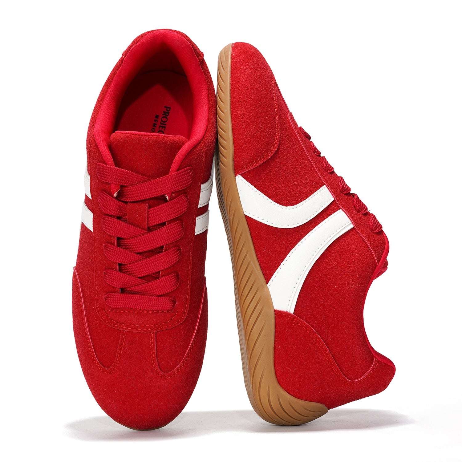 Project Cloud Goal Sneakers for Women in red suede with white stripes, non-slip sole.