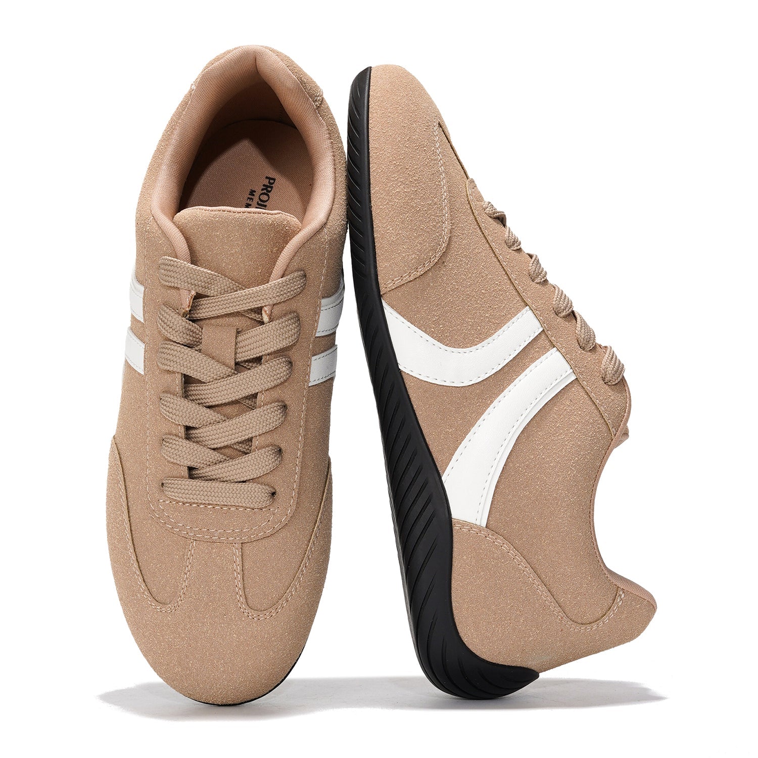 Project Cloud 'Goal' Sneakers for Women, beige suede with white stripes, non-slip sole