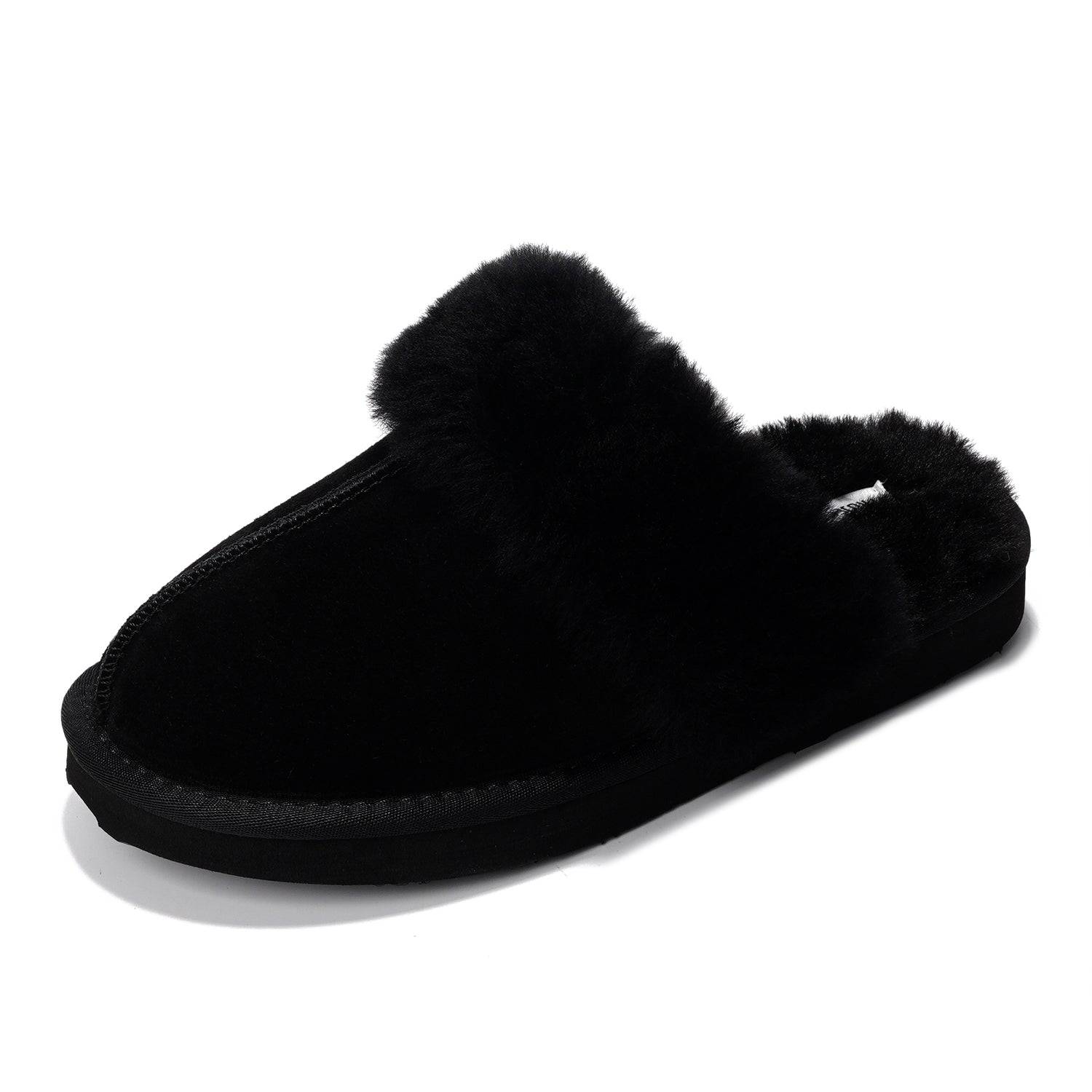 Black Project Cloud Henka Shearling Slipper for Women. Genuine suede clogs with warm shearling lining and collar.