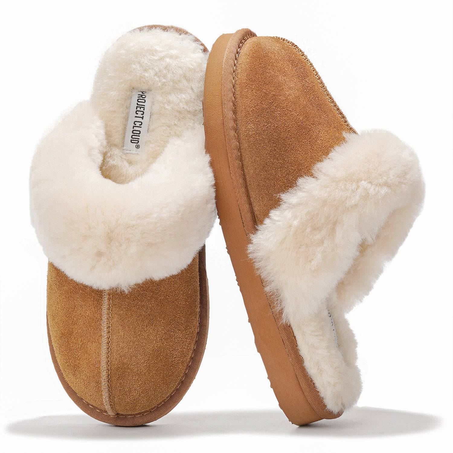 Project Cloud Henka Women's Slipper in Tan. Genuine suede clogs with plush shearling lining and Project Cloud tag.