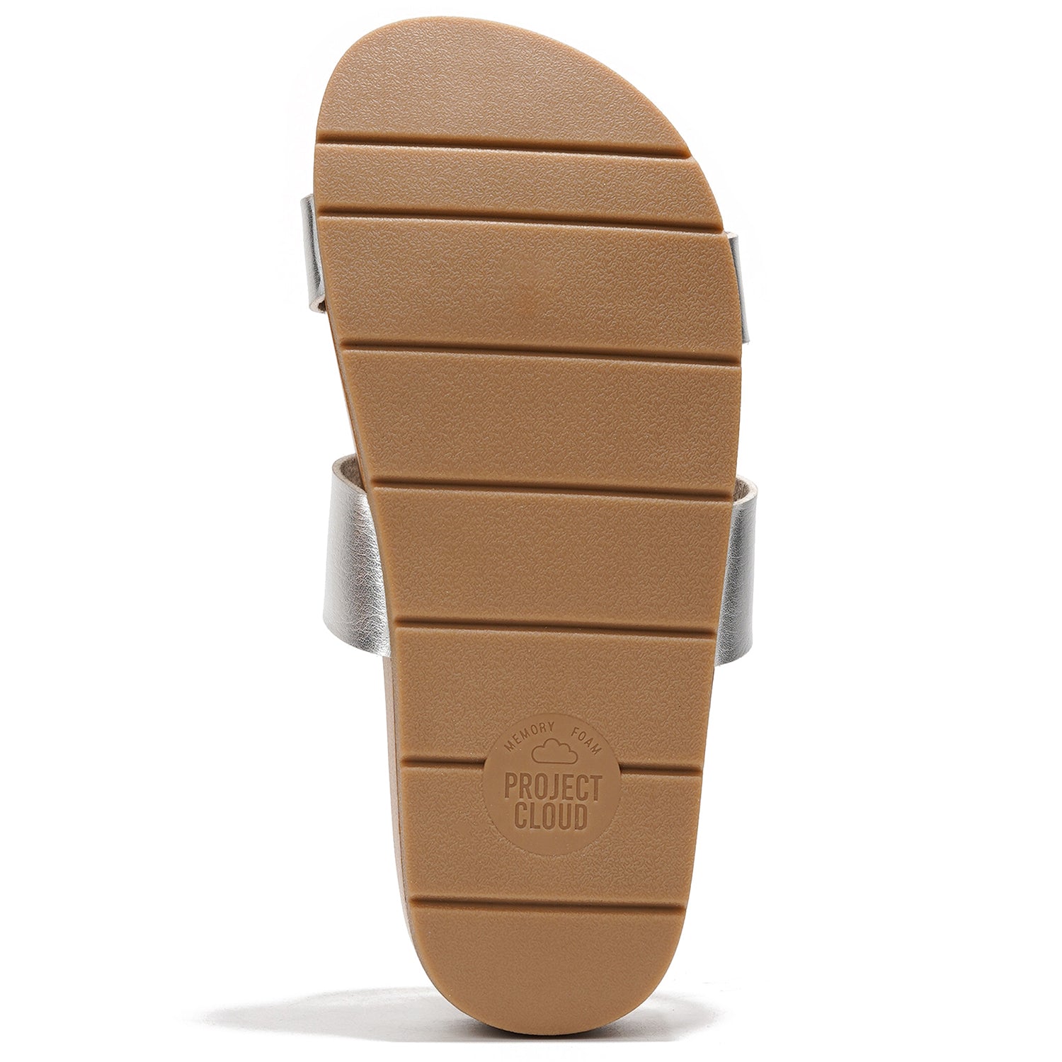 Project Cloud Hilltop sandals brown sole view, memory foam, silver straps, vegan leather platform.