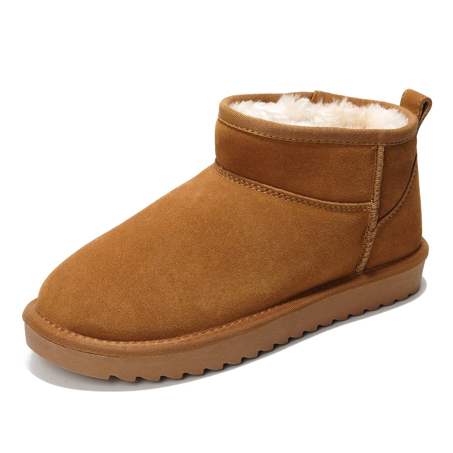 Women's brown suede ankle boots with faux fur lining, water-resistant winter boots for women, memory foam insole