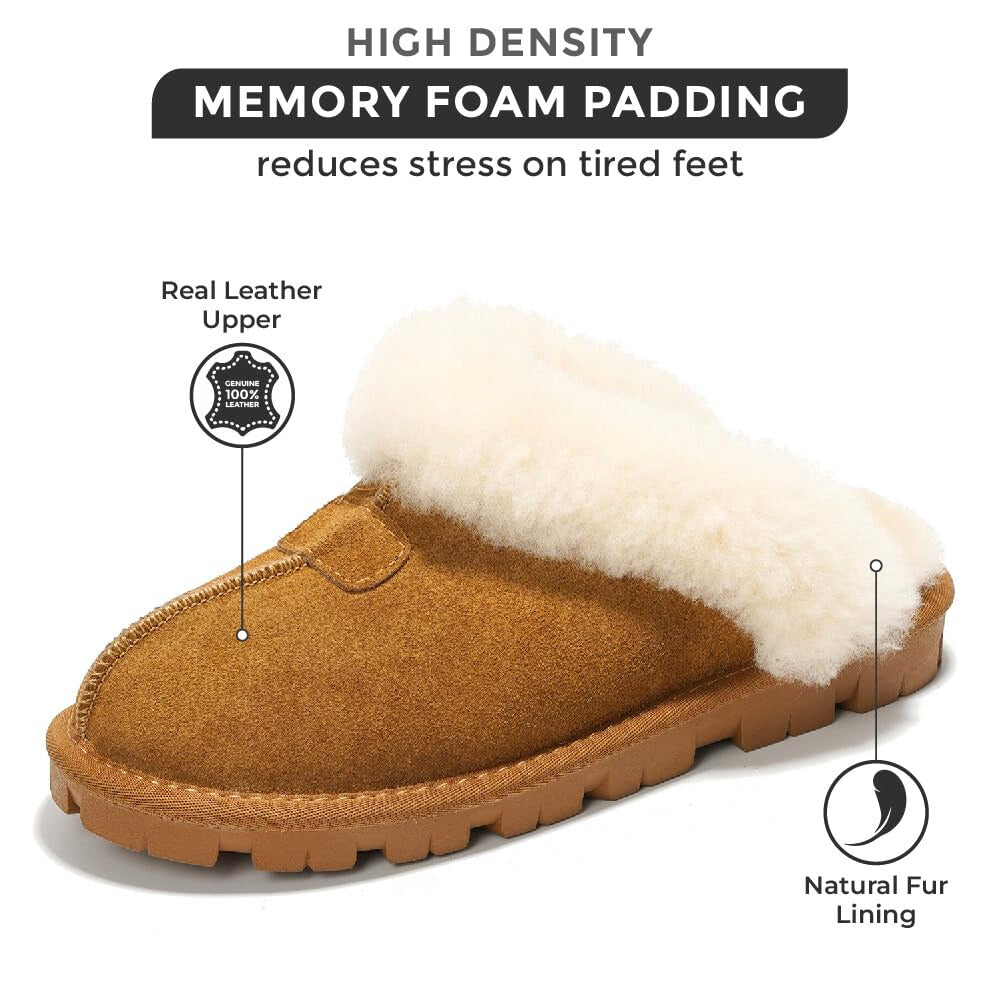 Project Cloud Hedy Suede Slippers, Natural Fur, Memory Foam. Reduces stress.