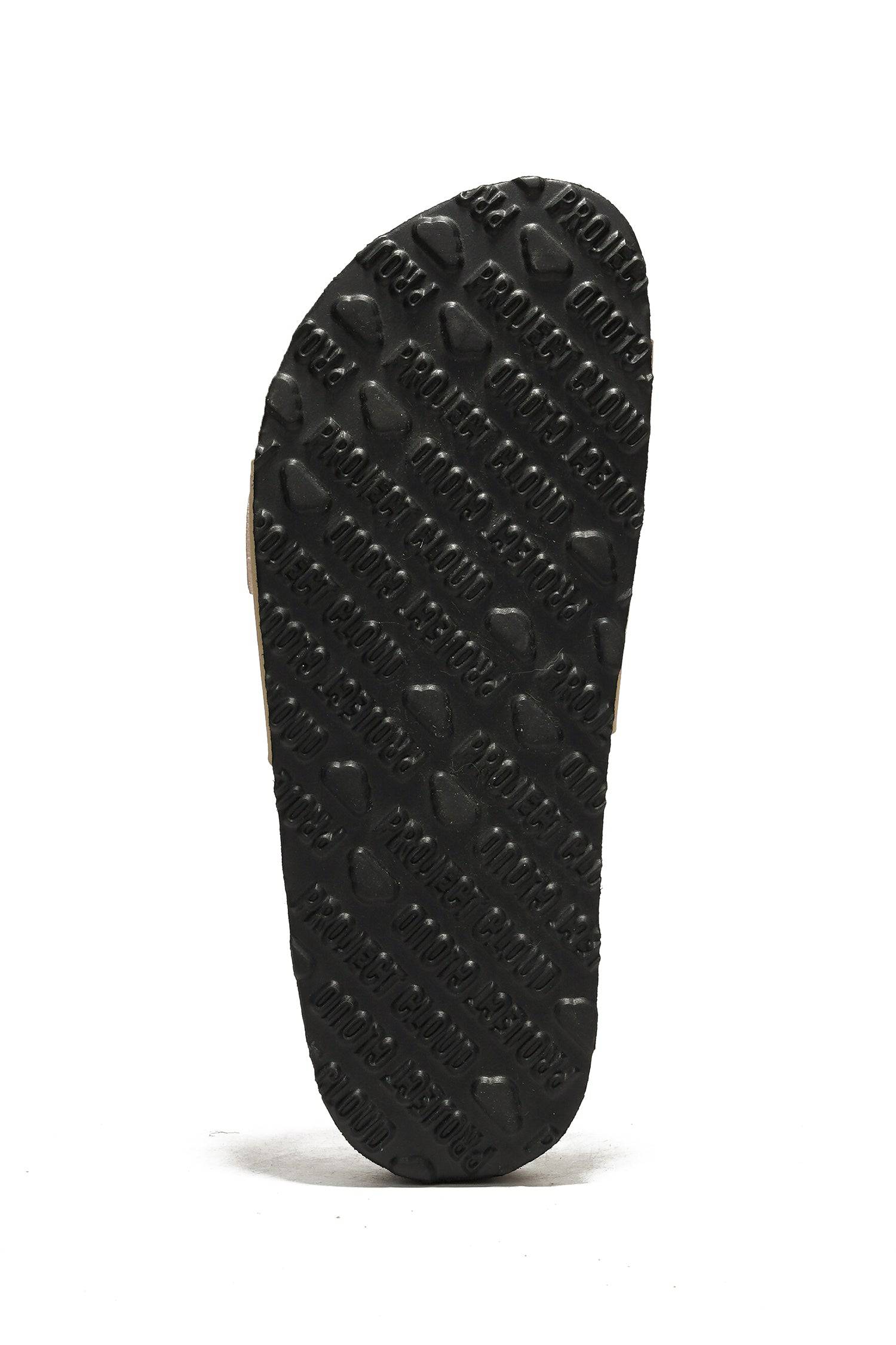 Black cork footbed with embossed 'PROJECT CLOUD' logo, suede insole, and summer sandal.