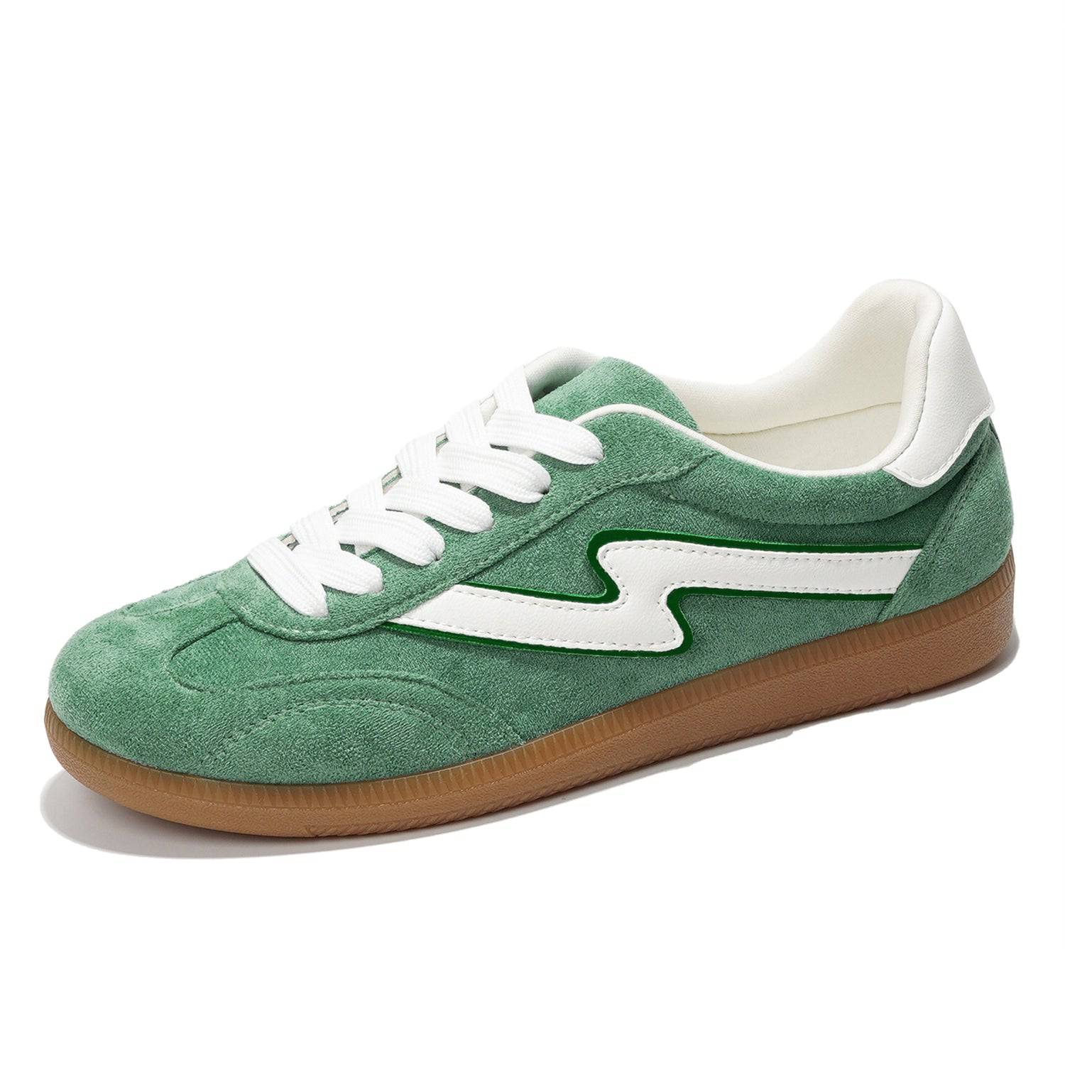 Project Cloud Irita Women's Sneakers in green suede with white accents, memory foam, lace-up closure, and non-slip sole.