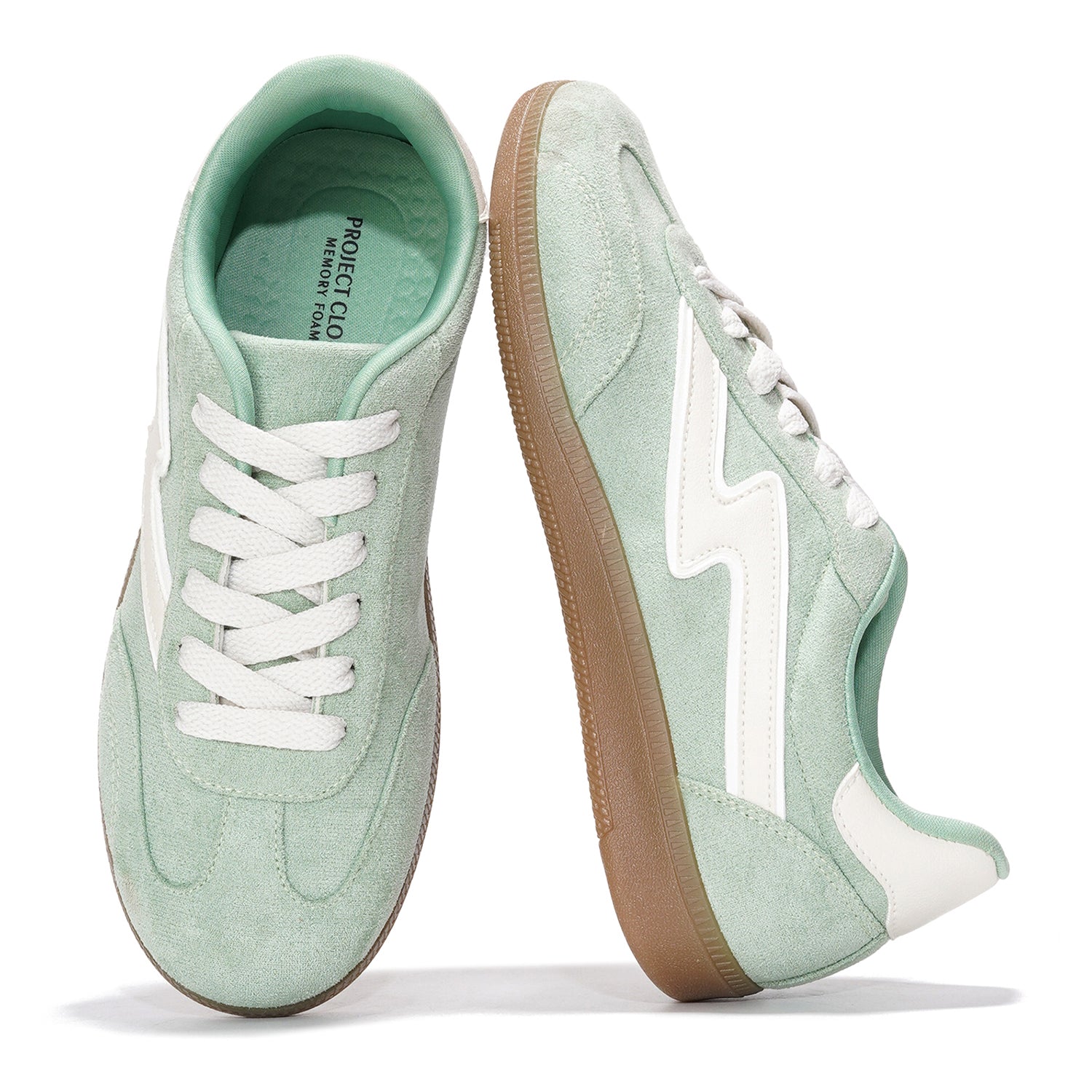 Mint suede Project Cloud Irita women's sneakers, memory foam, white laces, and non-slip sole.