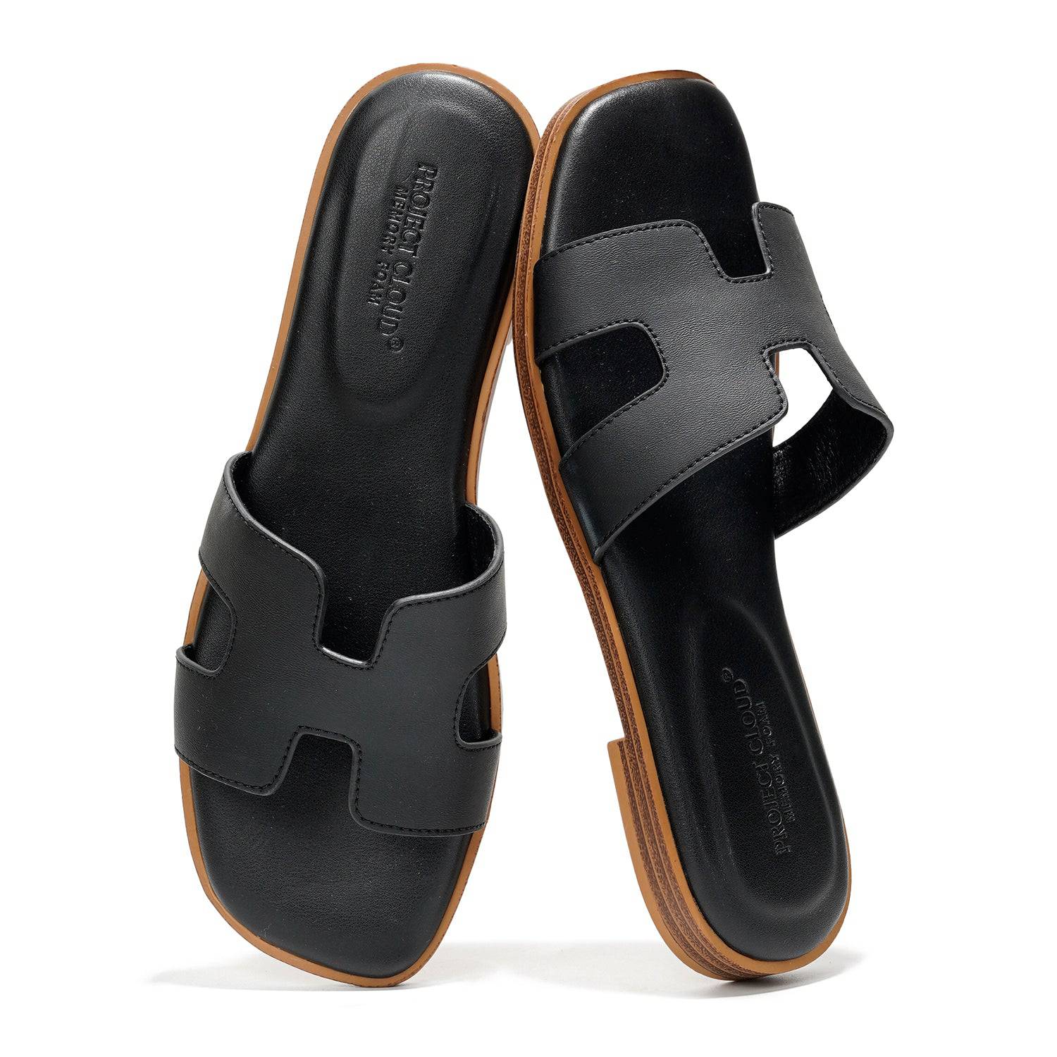 Project Cloud Jannel Black Leather Summer Sandals with Memory Foam, Women's Slides