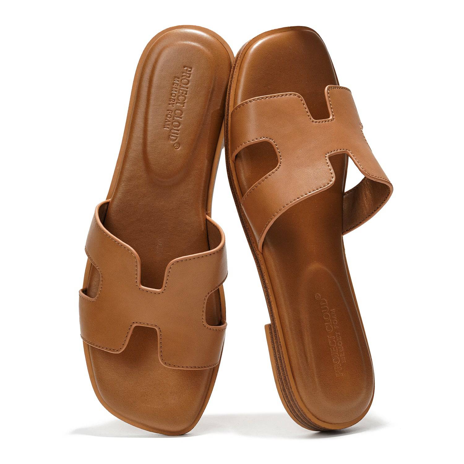 Project Cloud Jannel tan leather memory foam slides, H-cutout, women's summer sandals.