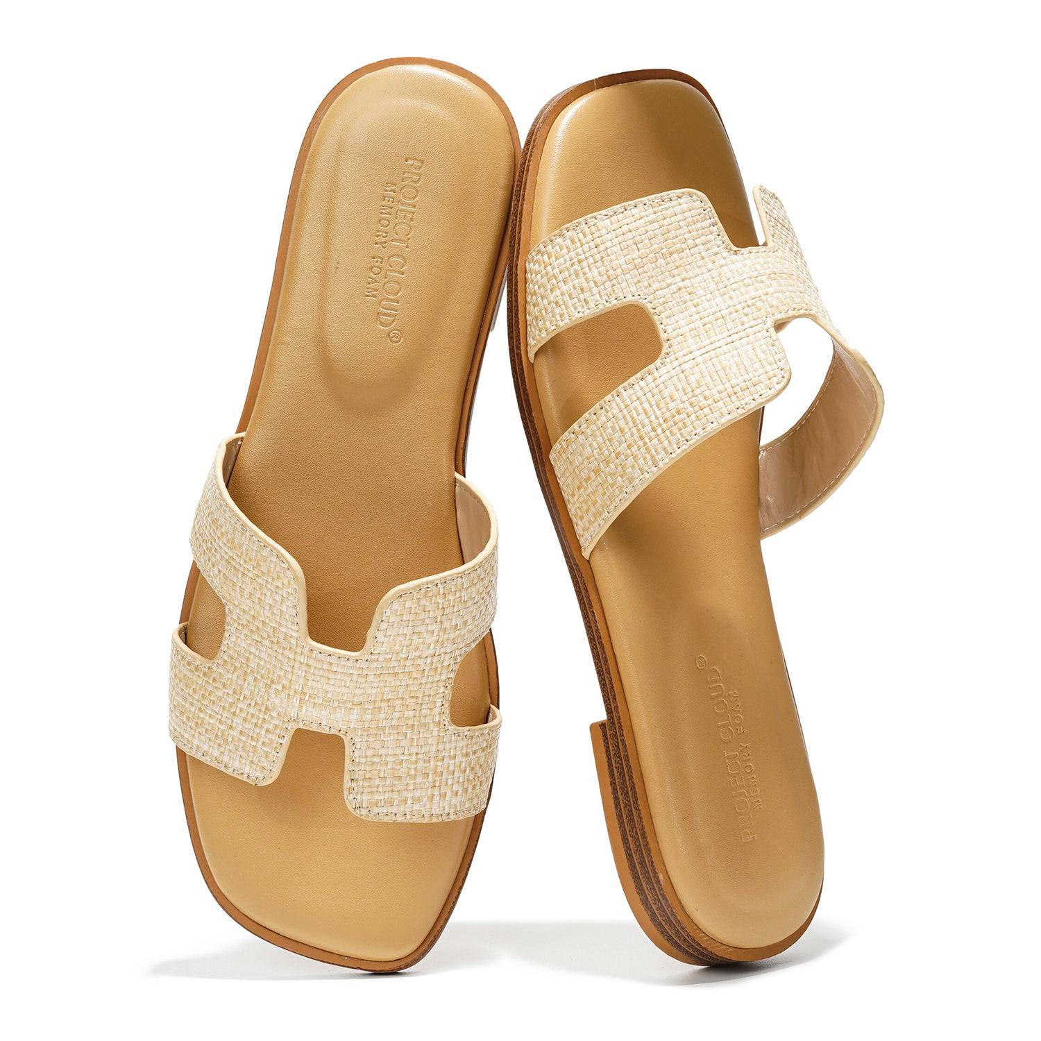 Project Cloud Jannel Summer Sandals, tan leather upper with woven strap detail, memory foam insole, leather womens slides.