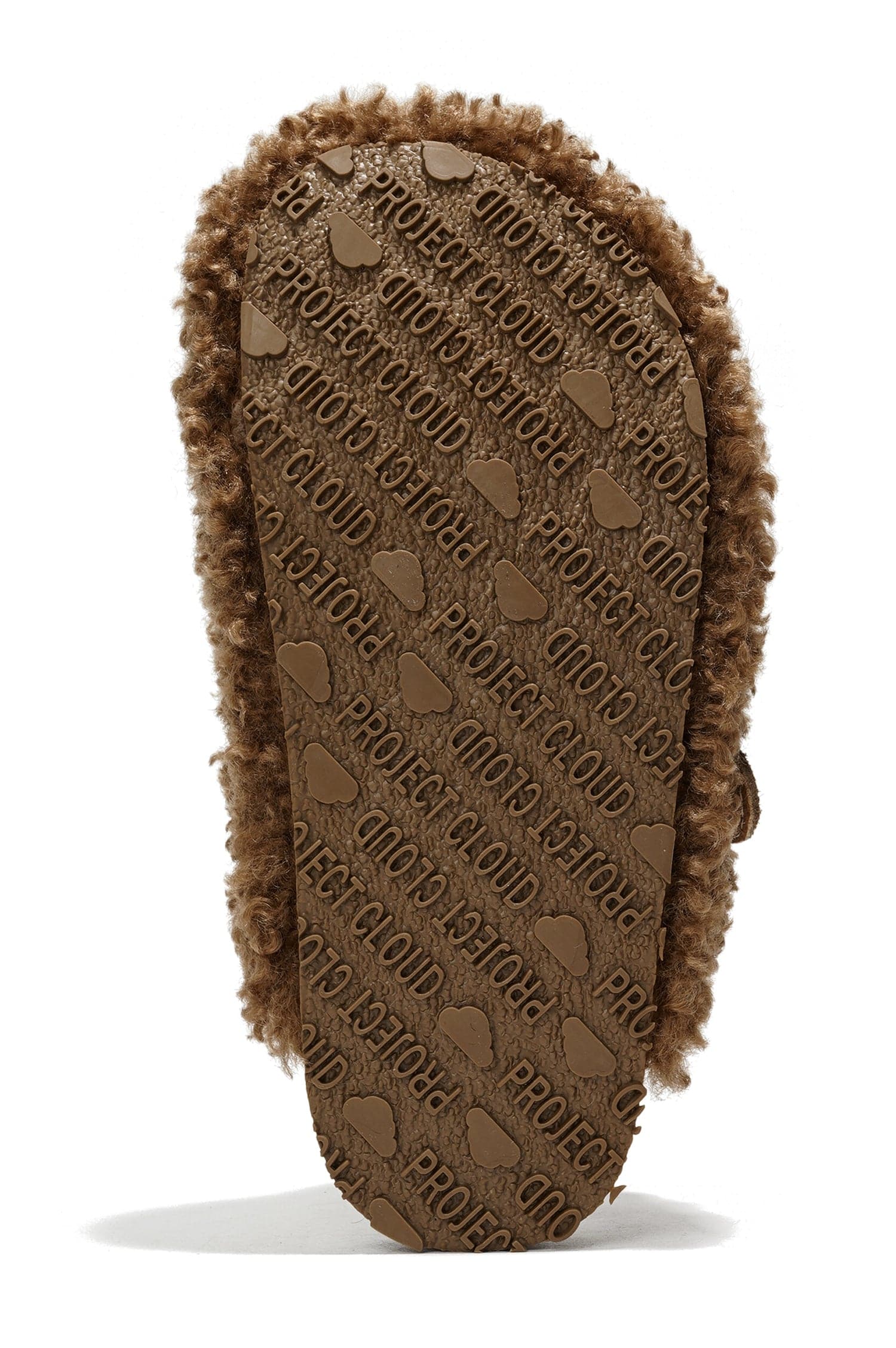 Project Cloud Kids Clog sole, brown suede, fluffy lining, memory foam, arch support, embossed logo.
