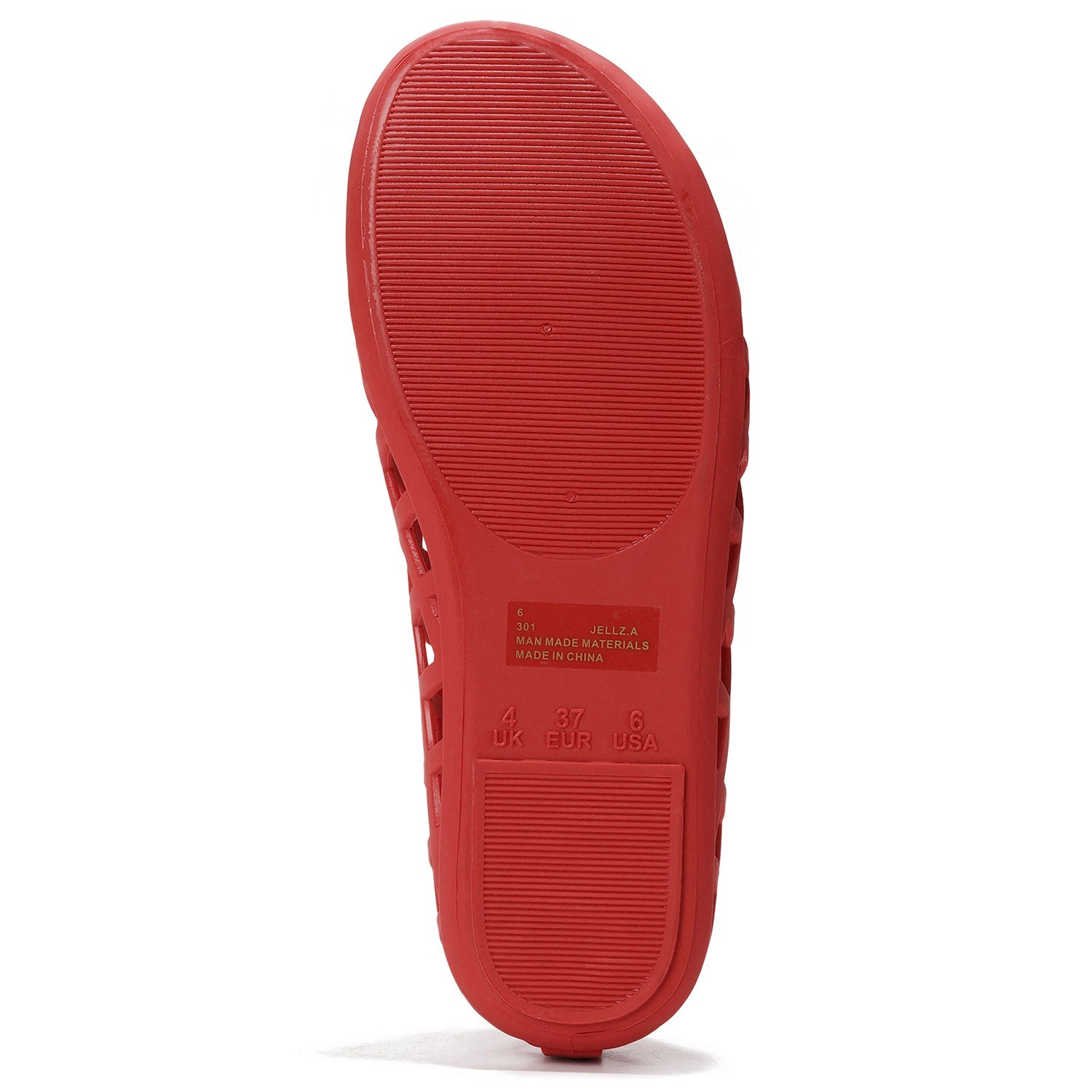 Project Cloud Jellz red ballet flat sole, waterproof and non-slip design, size details visible.