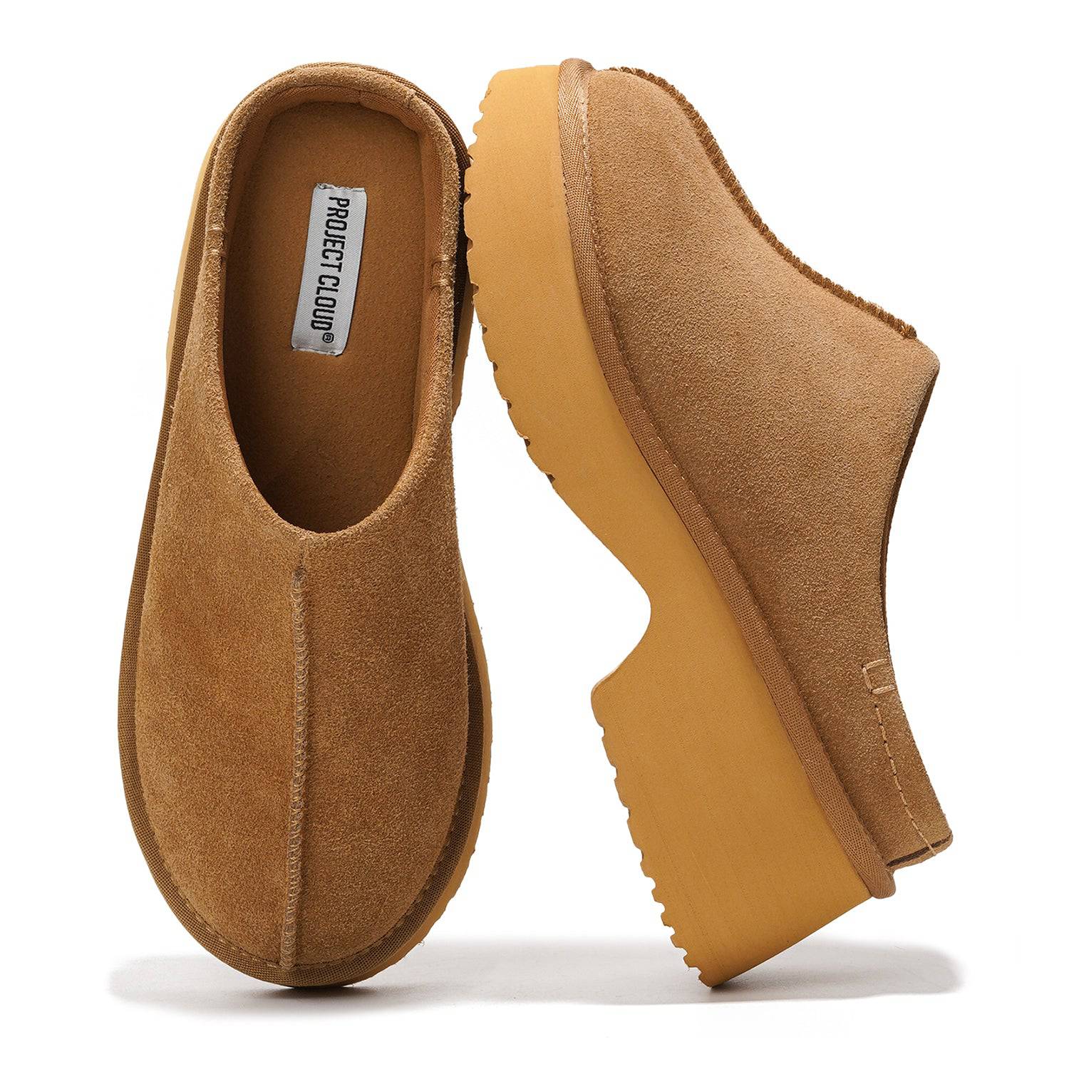 Project Cloud Johnna Suede Mules in Tan. Women's cloud clogs with genuine suede and non-slip sole for comfort.
