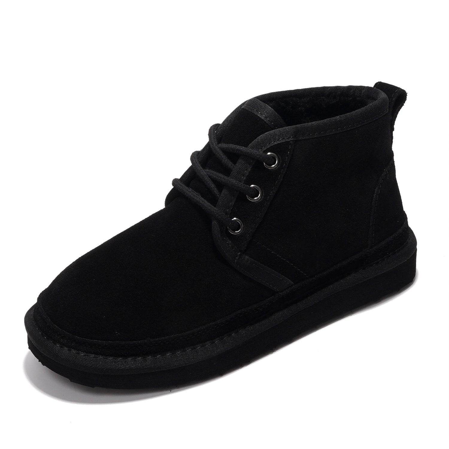 Project Cloud black suede ankle boots for women with fur lining and lace-up design.