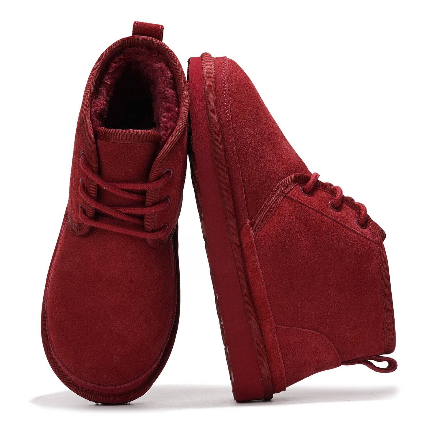 Red suede ankle boots for women, featuring natural fur lining, memory foam, and non-slip sole, ideal for winter wear.