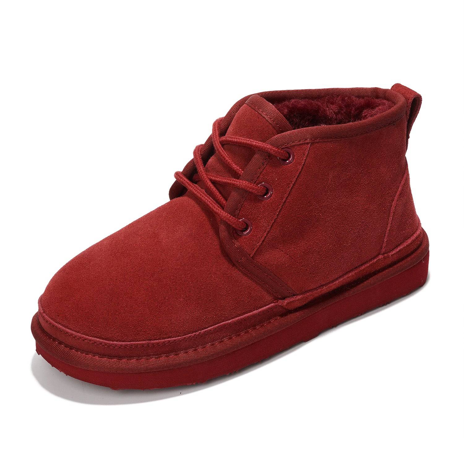 Red suede ankle bootie for women with fur lining, memory foam, and non-slip sole. Perfect winter shoes for snow and rain.