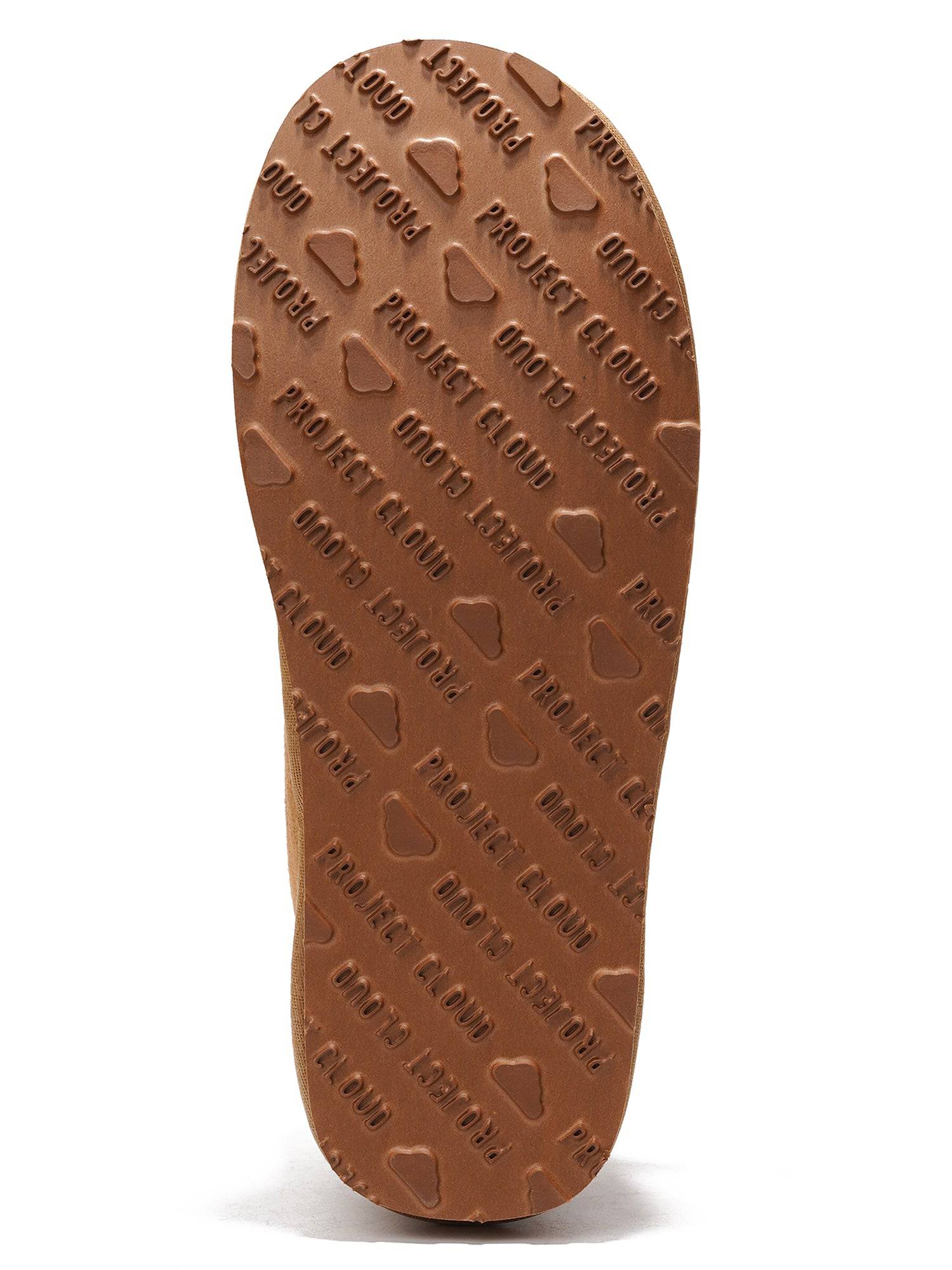 Project Cloud suede winter boot sole, non-slip design with brand logo.