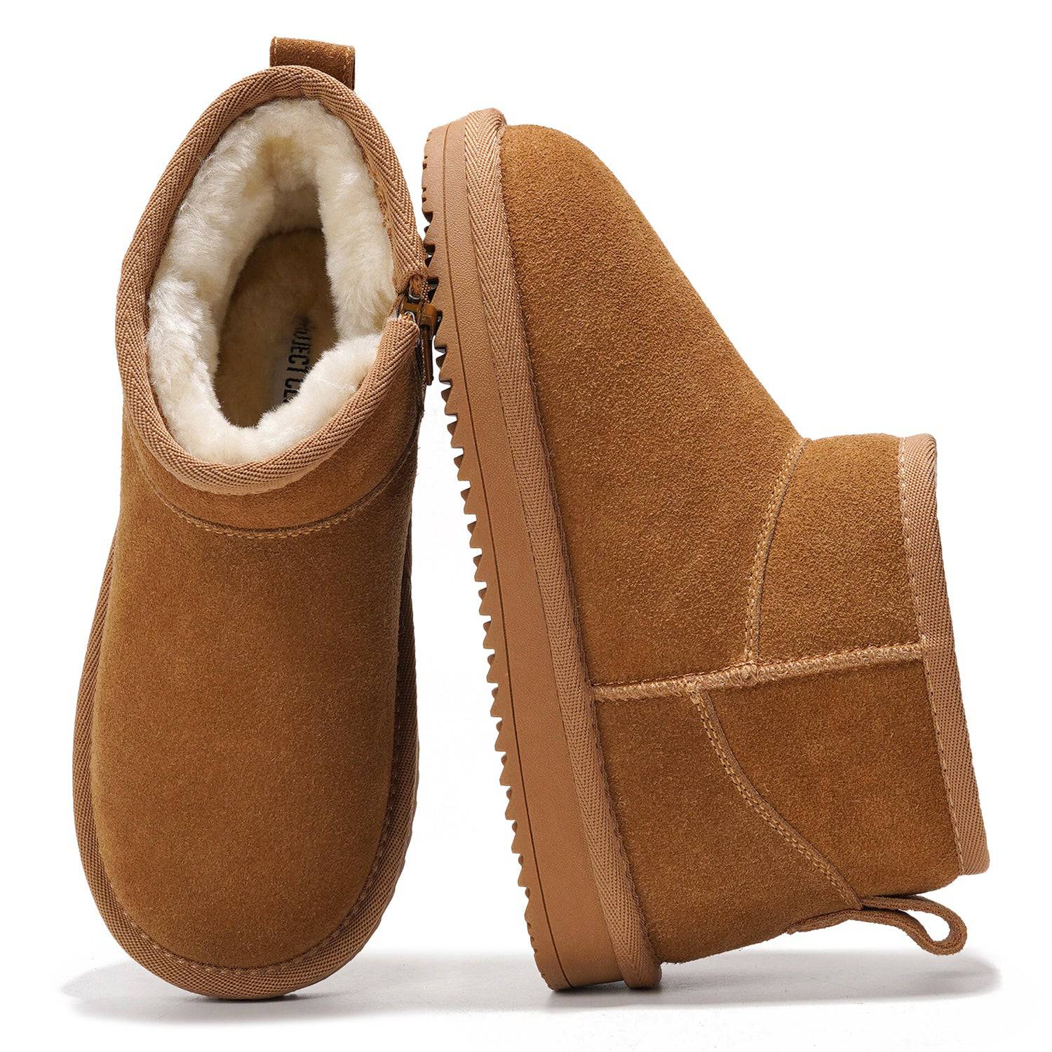 Project Cloud Julia Brown Suede Boots: Genuine leather winter boots with faux fur lining, showcasing comfort and style.