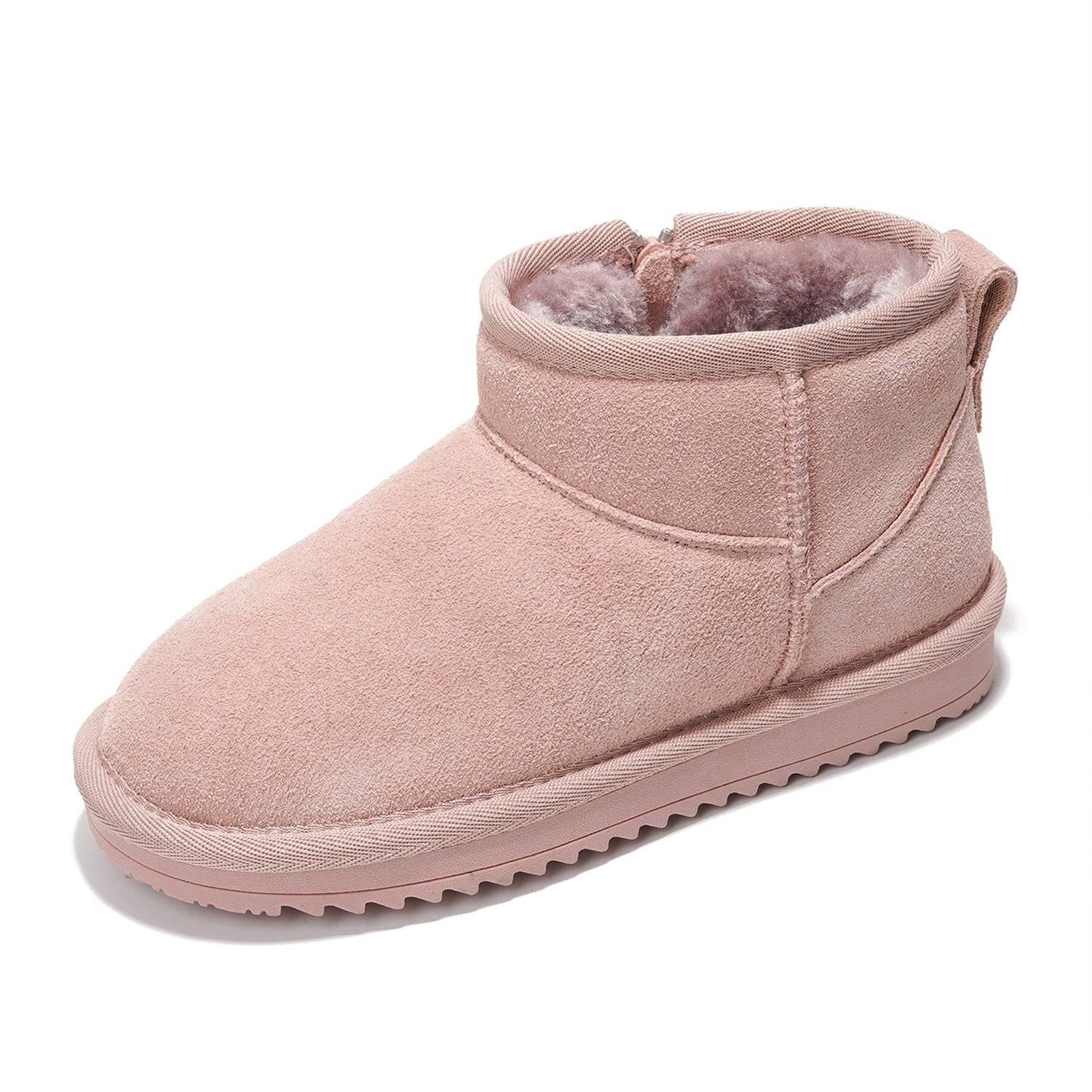 Project Cloud Julia Leather Boots: Blush pink suede winter boots with faux fur lining.