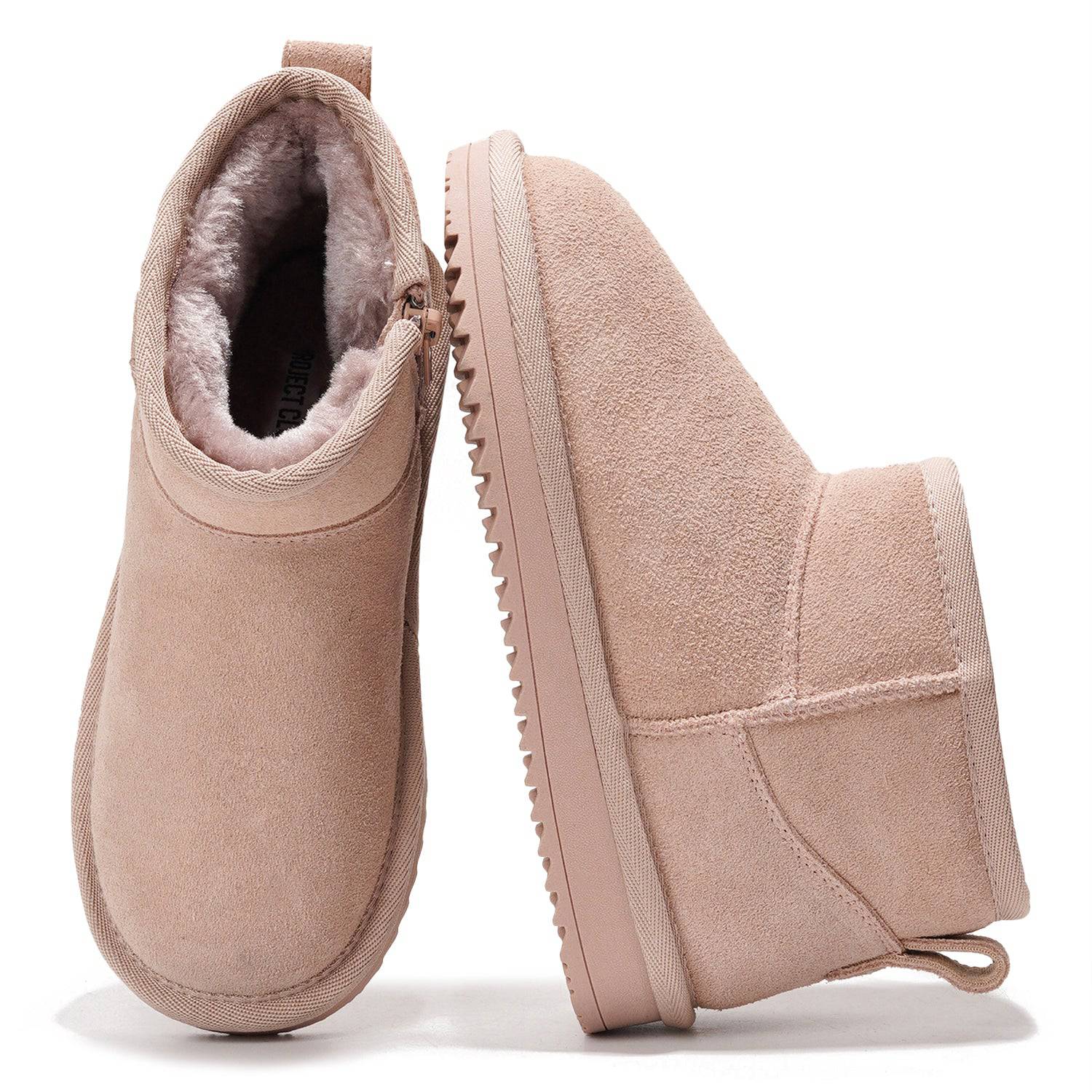 Project Cloud Julia Leather Boots: Blush pink suede boots with faux fur lining for winter comfort.