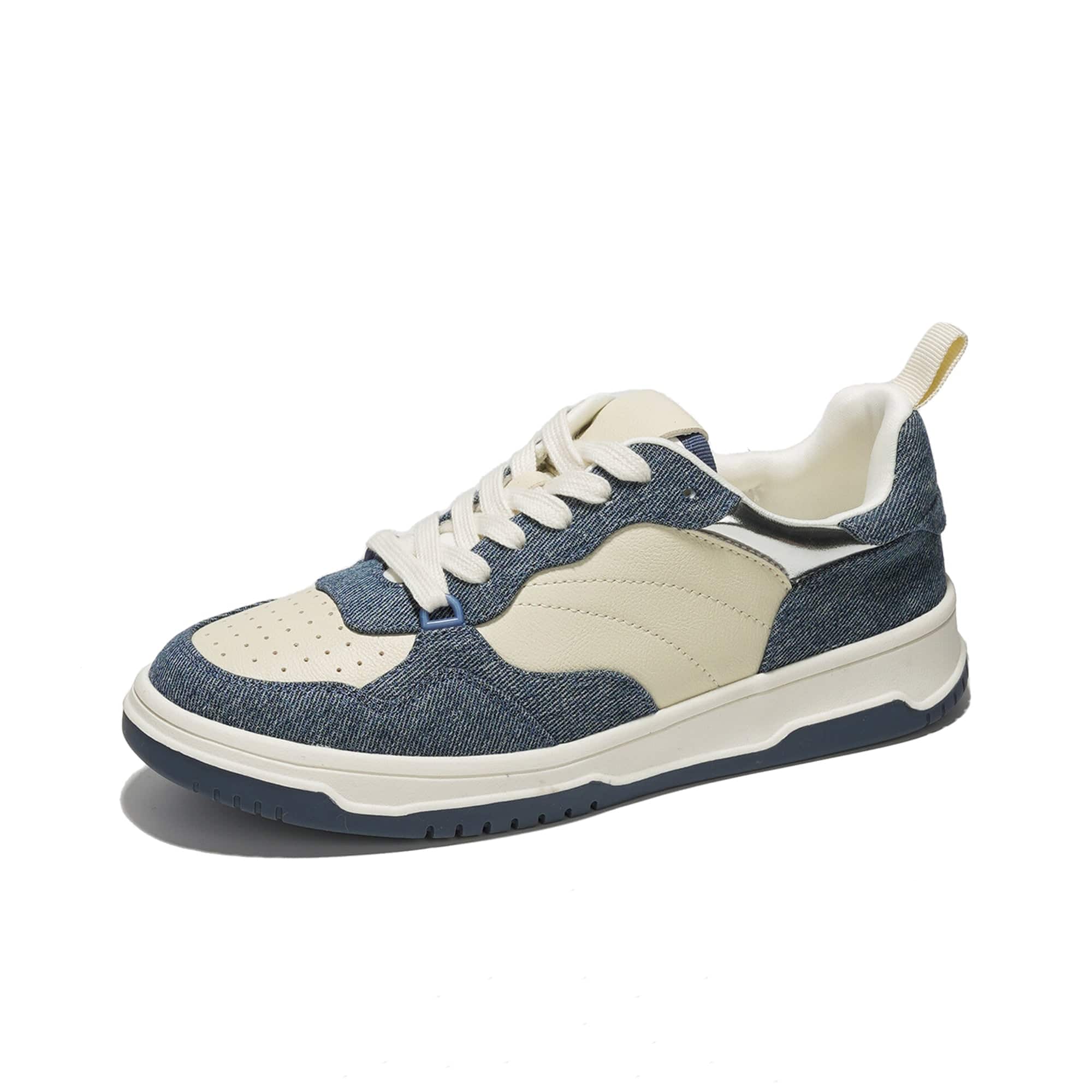 Women's Kiki sneakers in vegan denim and cream leather, memory foam, lace-up comfortable sneakers