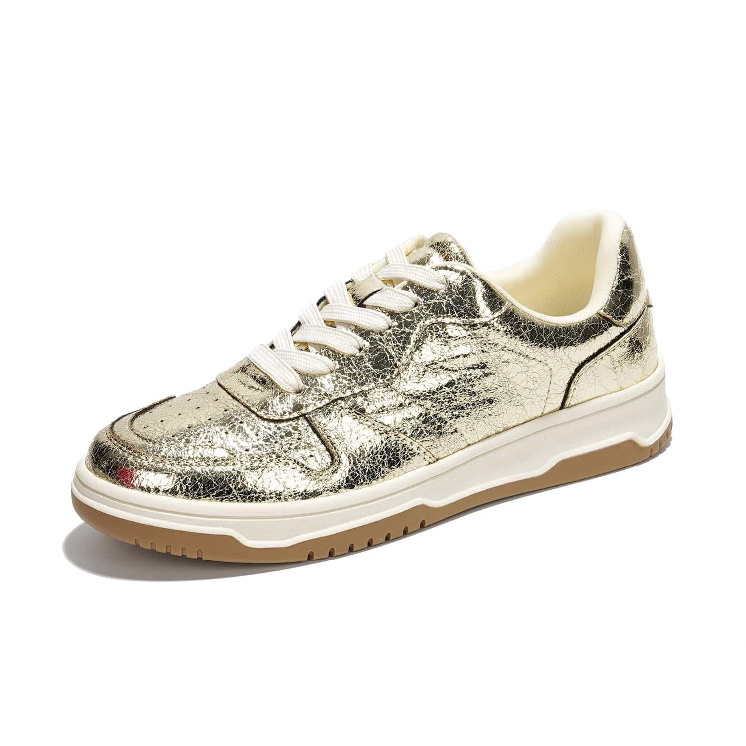 Women's Kiki sneakers in metallic gold vegan leather with lace-up design and memory foam.