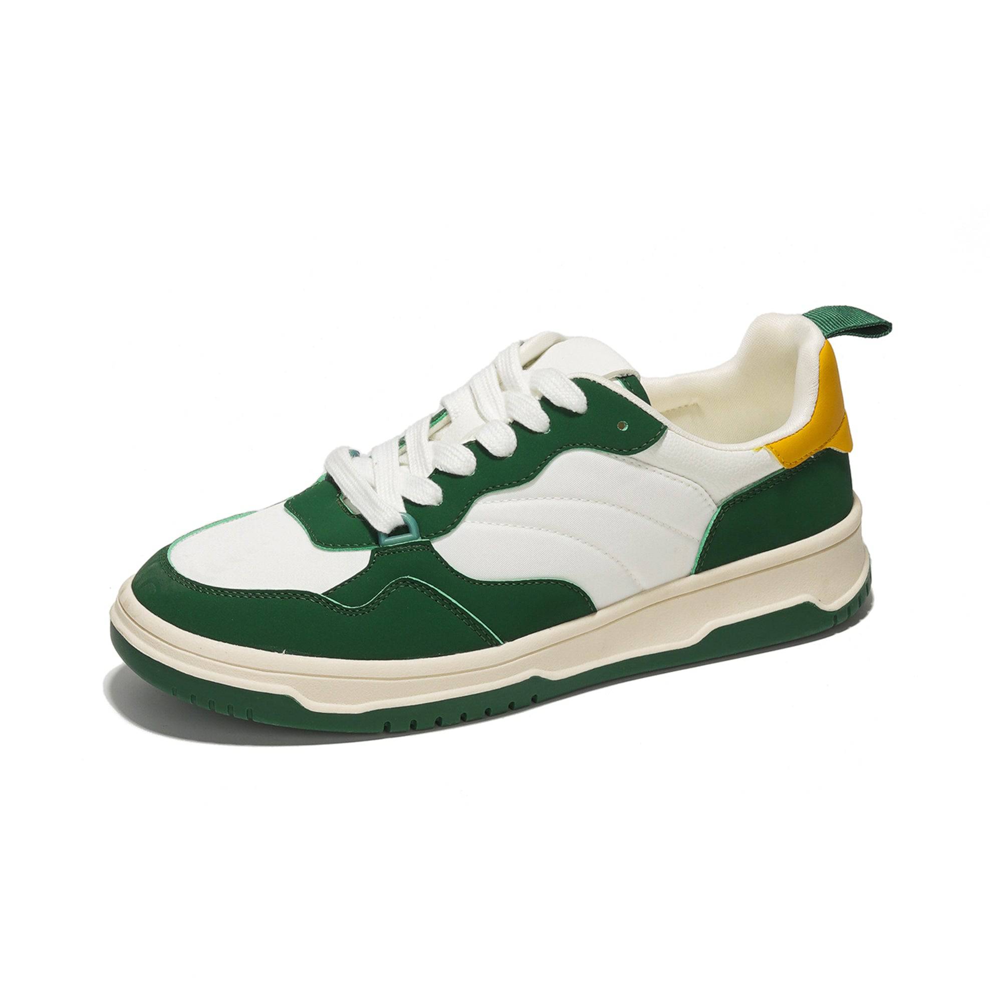Women's vegan leather Kiki sneakers in green and white with a lace-up design, featuring a non-slip rubber sole.