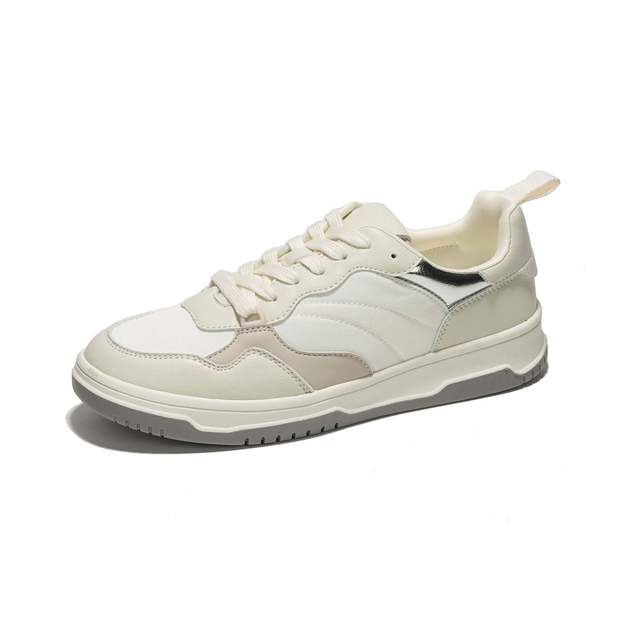 Women's Kiki vegan leather sneakers in cream, white and gray. Lace-up design, memory foam.
