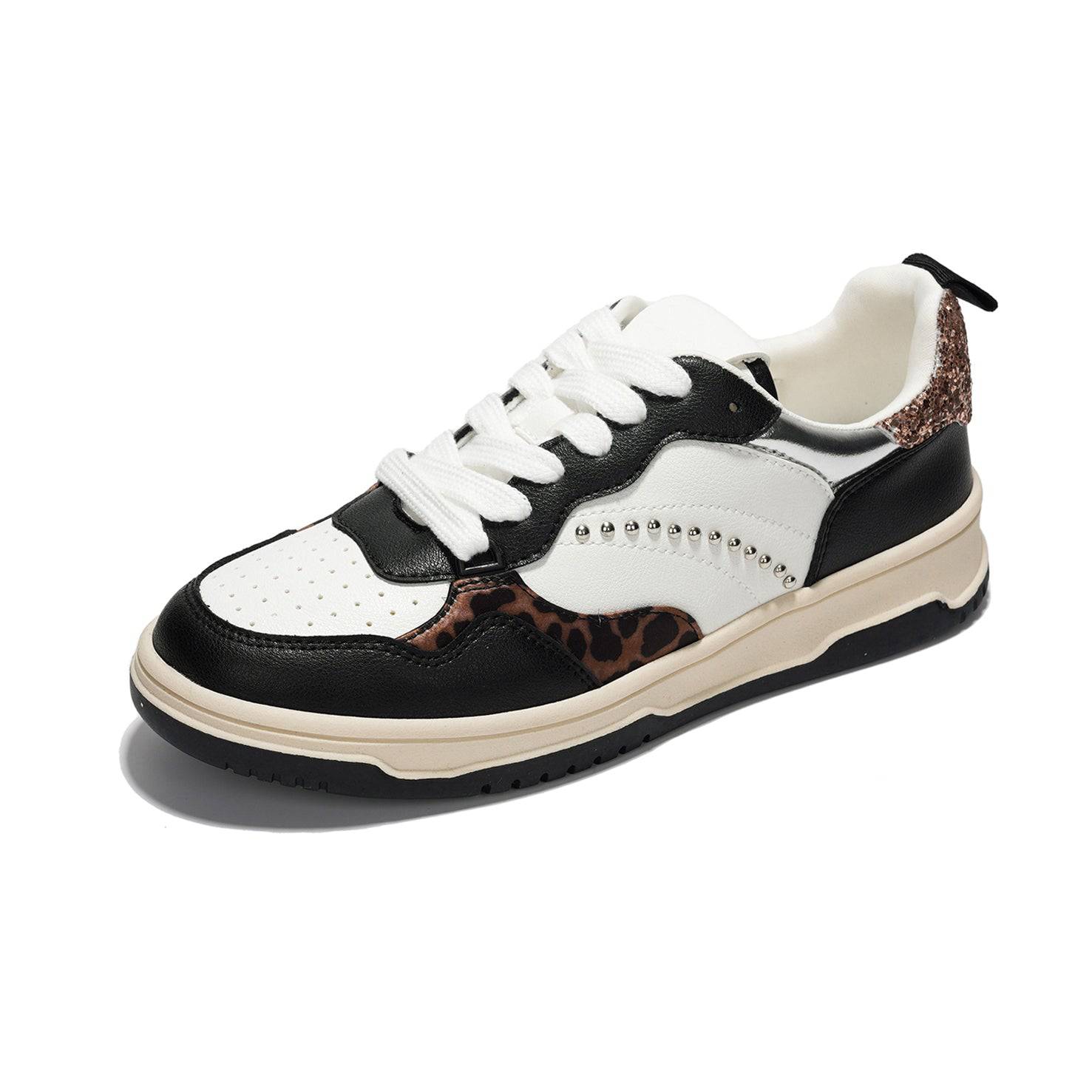 Women's Kiki vegan leather sneakers featuring a leopard print accent, white and black, with lace-up design and non-slip sole.