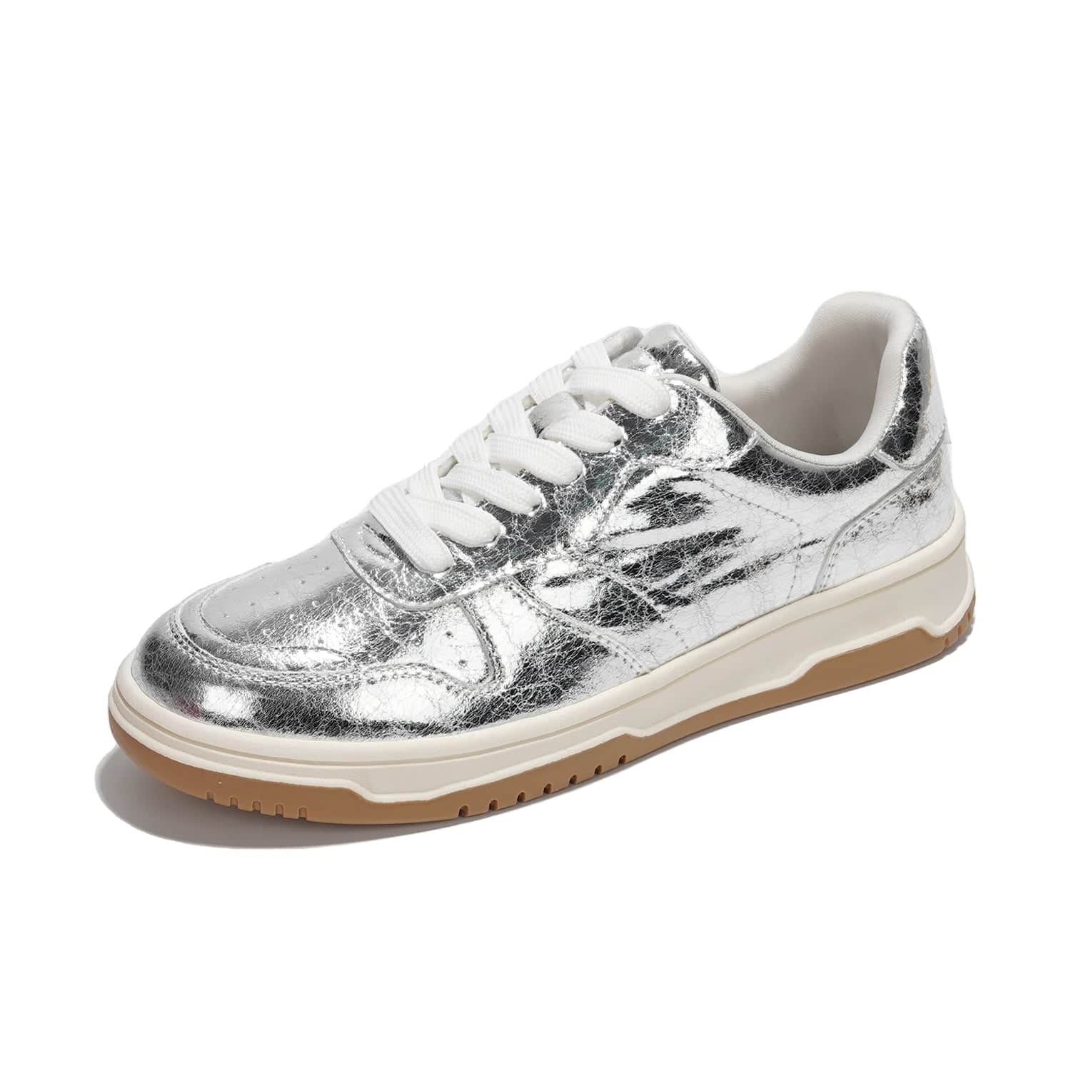 Women's Kiki metallic silver vegan leather sneakers, lace-up, memory foam, comfortable fashion footwear.