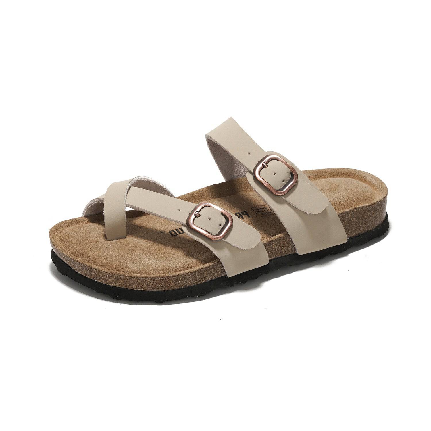 Project Cloud Lian Beige Leather Sandals with Cork Footbed, Women's summer sandals with buckle details.
