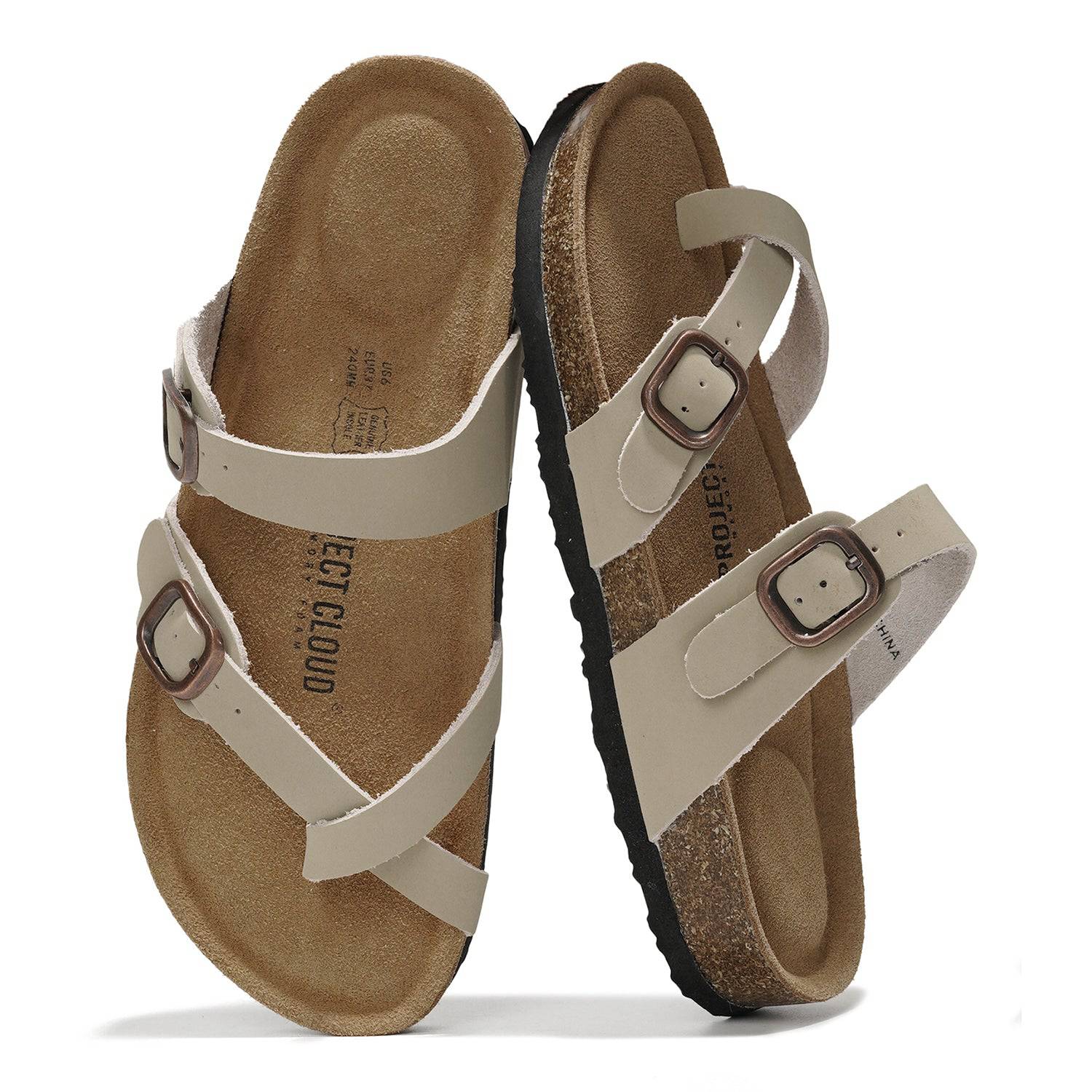 Project Cloud Lian Sandal. Beige leather sandals with cork footbed and buckle details for women.