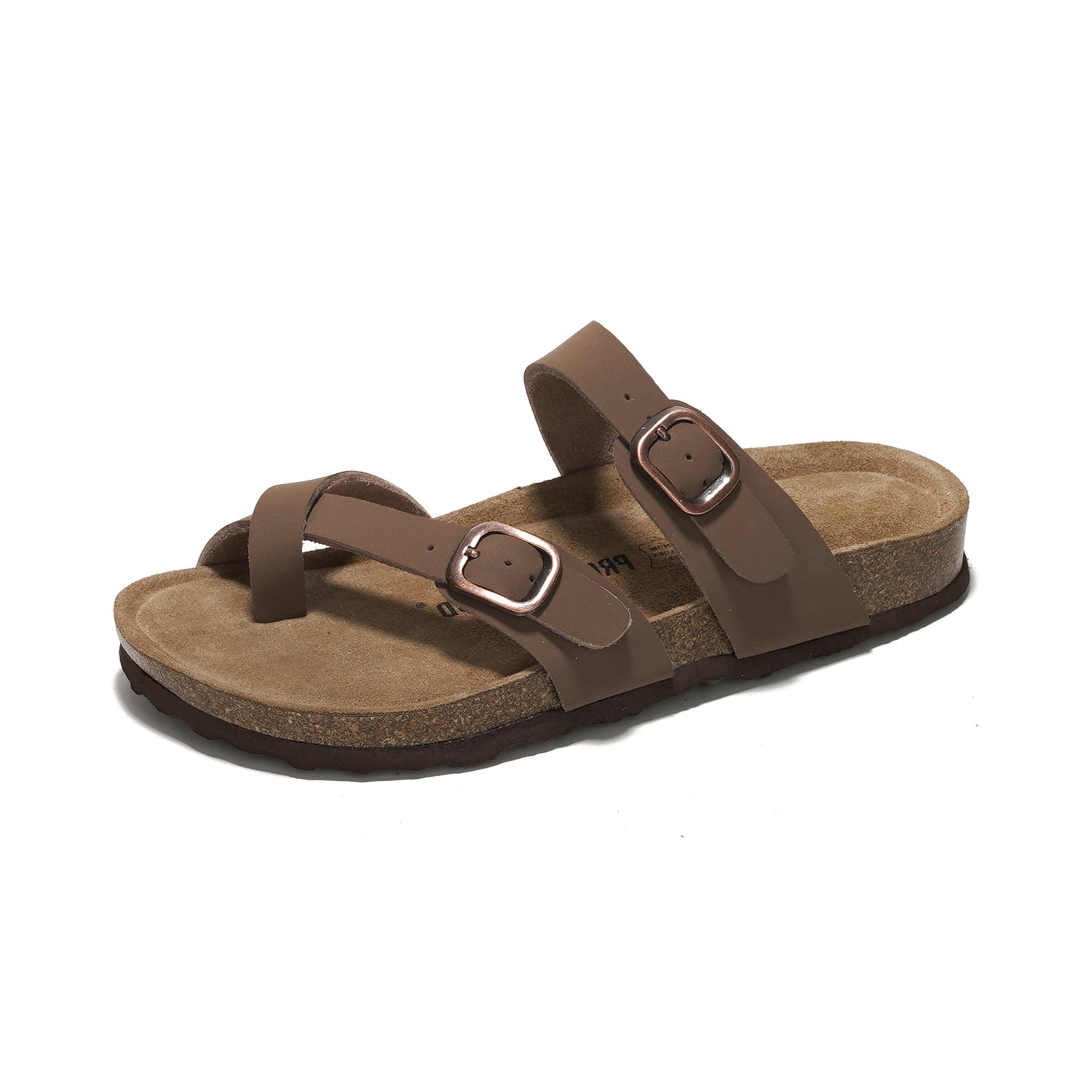 Project Cloud Lian Brown Leather Sandals with Cork Footbed for Women. Comfortable summer footwear.