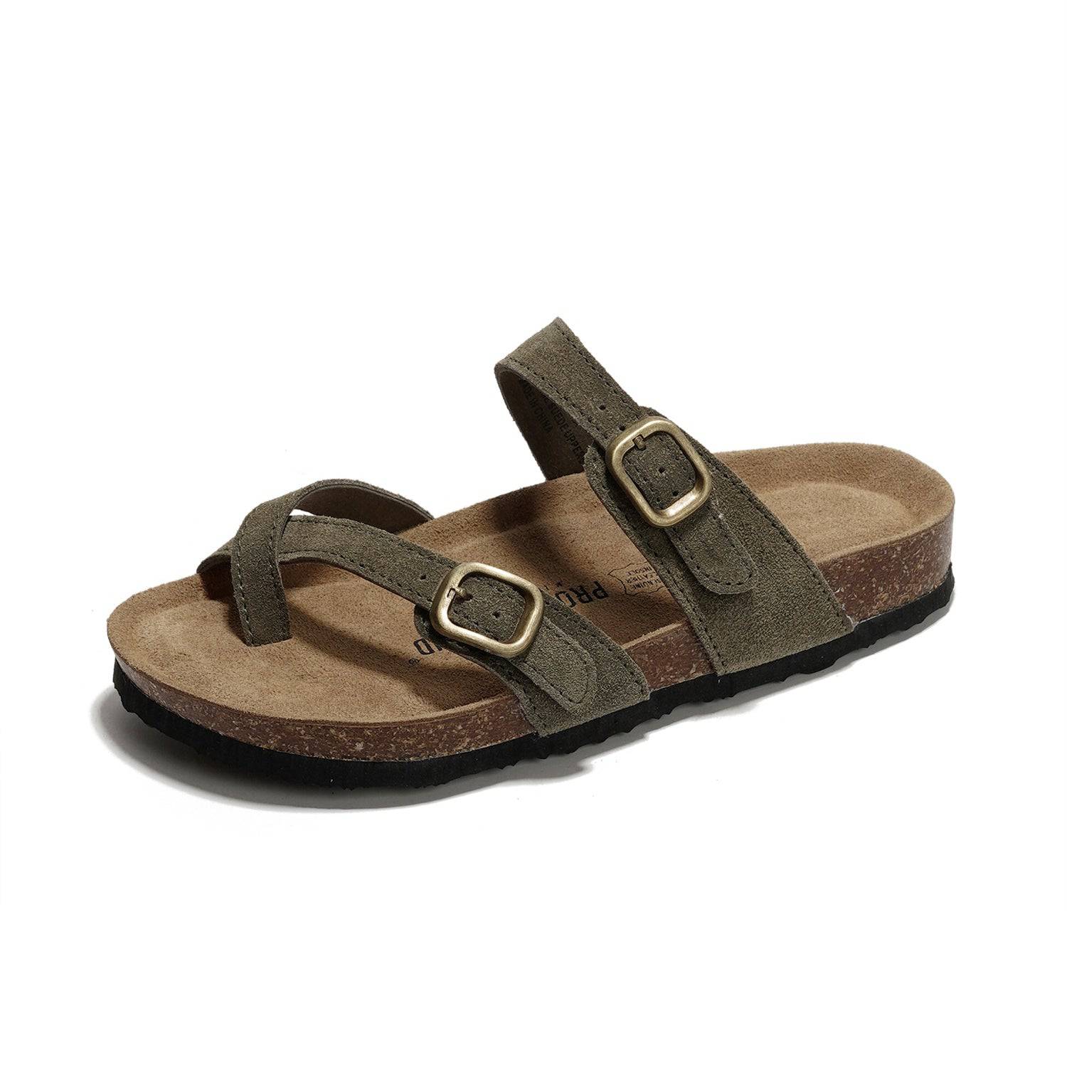 Project Cloud Lian Sandal. Olive green suede leather sandals with cork footbed and buckle details.