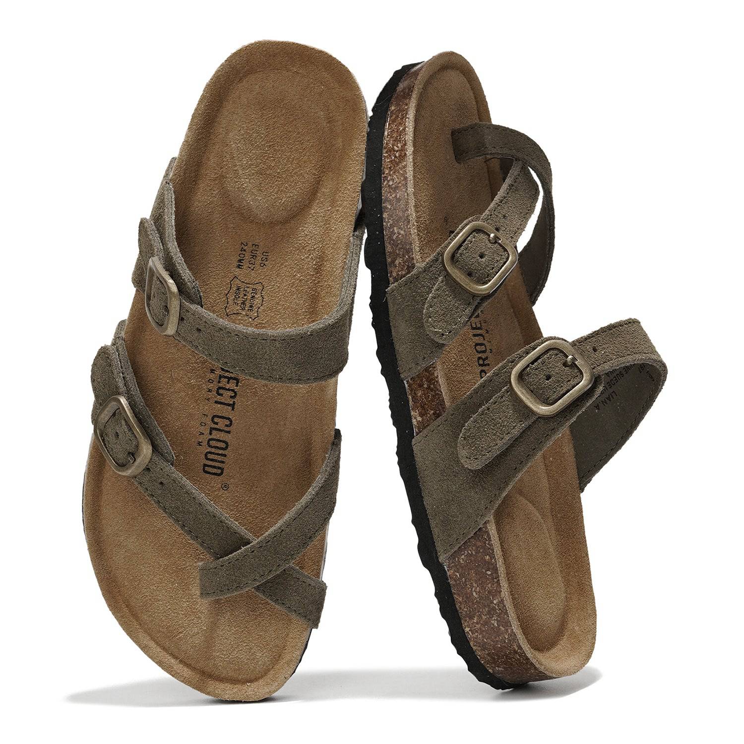 Project Cloud Lian suede sandals with cork footbed, featuring buckle details. Comfortable summer footwear.
