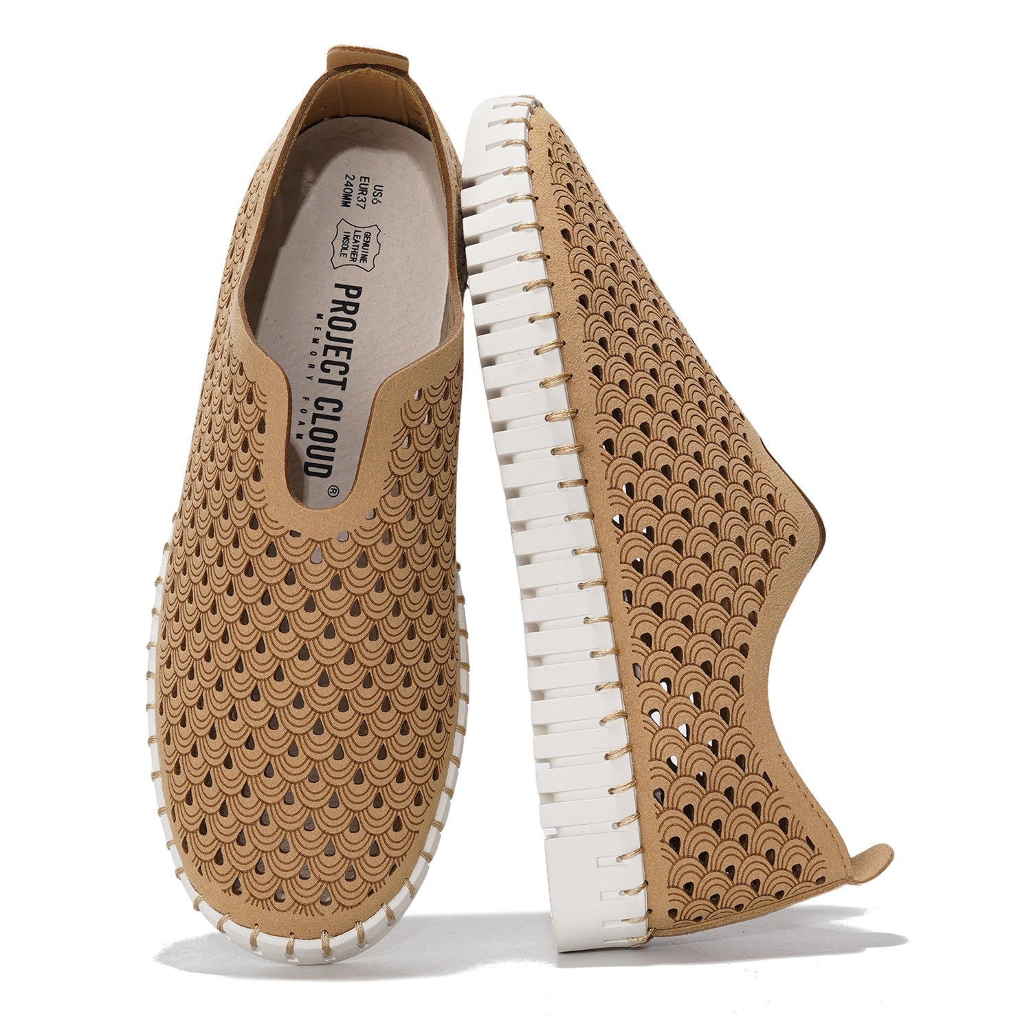 Tan Project Cloud Lily loafers, laser-cut, leather insole, memory foam, slip-on women's shoes.