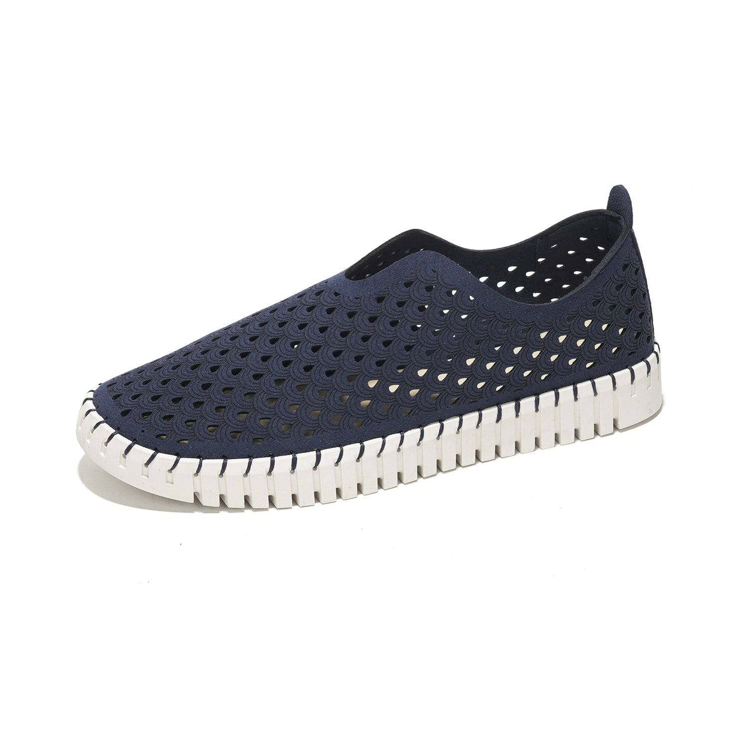 Navy blue women's Lily loafers with laser-cut design, memory foam, and slip-on style.