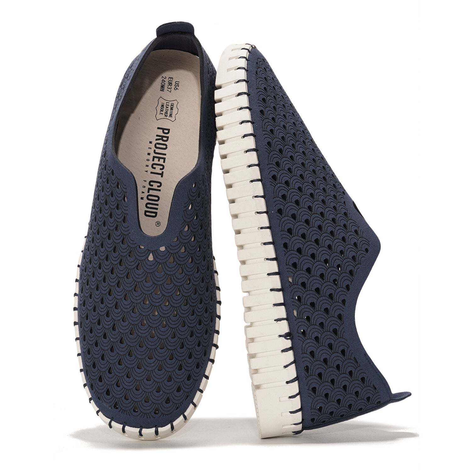 Project Cloud Lily loafers in navy blue with laser-cut design, leather insole, and memory foam, slip-on women's shoes