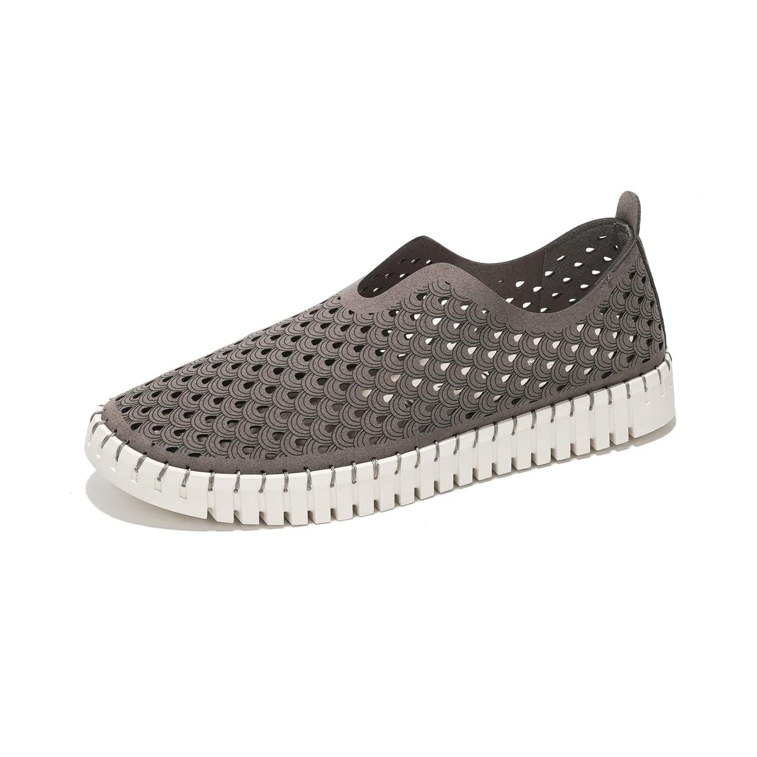 Grey women's Lily loafers with laser-cut design, slip-on, memory foam. Perfect for travel and comfort, lightweight flats.