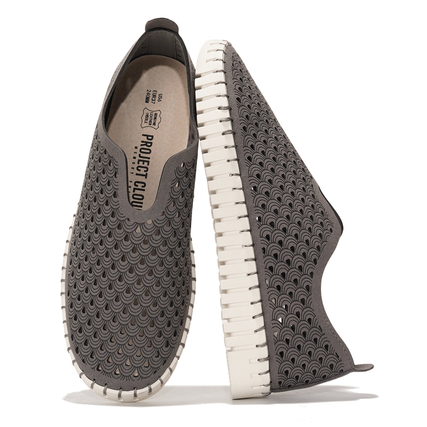 Project Cloud grey Lily loafers, laser-cut design, leather insole, memory foam, slip-on women's shoes, lightweight flats.